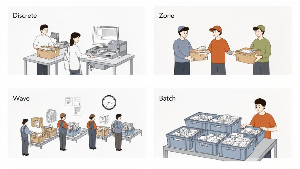 Illustrations showing four order picking methods: Discrete, Zone, Wave, and Batch fulfillment processes.