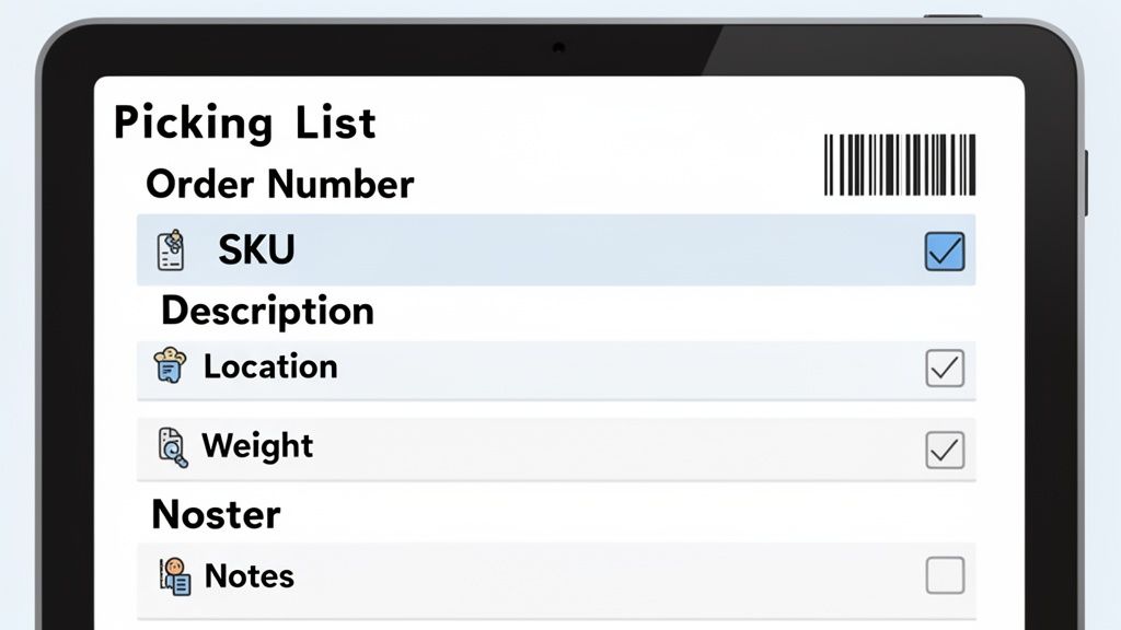 A digital picking list interface displayed on a tablet screen, showing various order fulfillment fields with checkboxes.