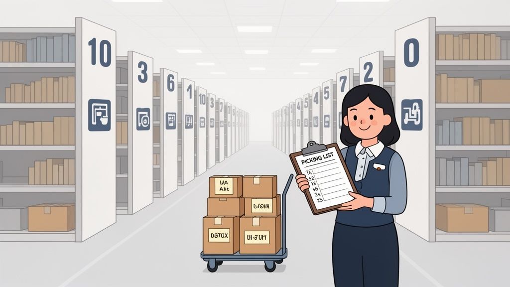 A smiling warehouse worker holds a picking list while standing next to a cart with brown boxes.