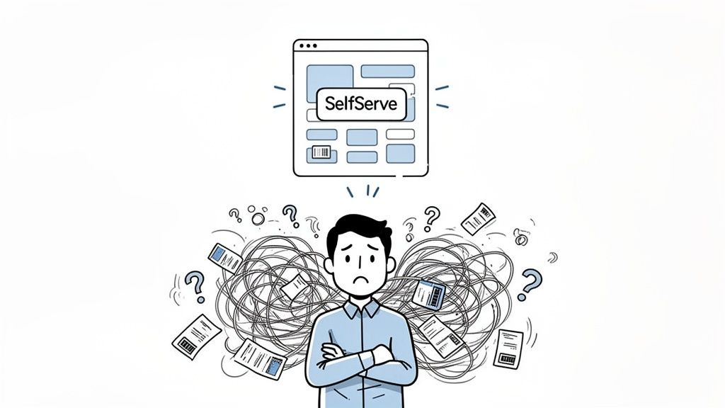 A confused person stands below a SelfServe computer interface amidst a chaotic cloud of documents and questions.