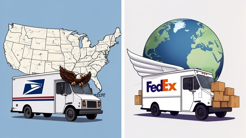 A side-by-side illustration comparing a USPS mail truck with an eagle and a FedEx truck with wings.