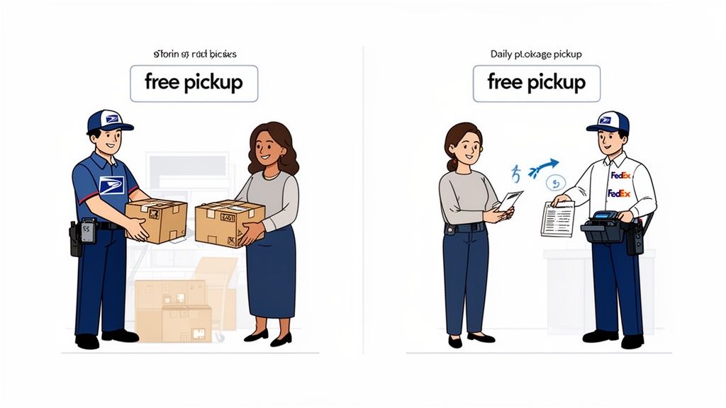 A split image illustration comparing USPS package pickup services and daily FedEx delivery operations for customers.