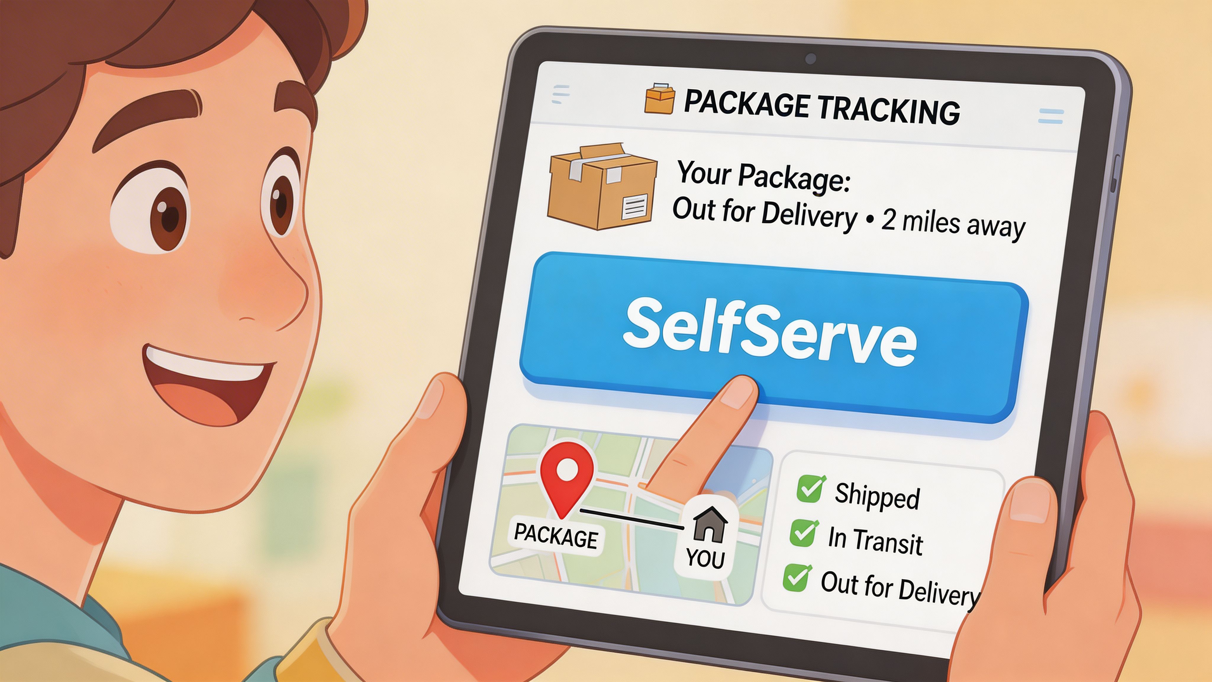A person smiling while looking at a package tracking app on their digital tablet screen.