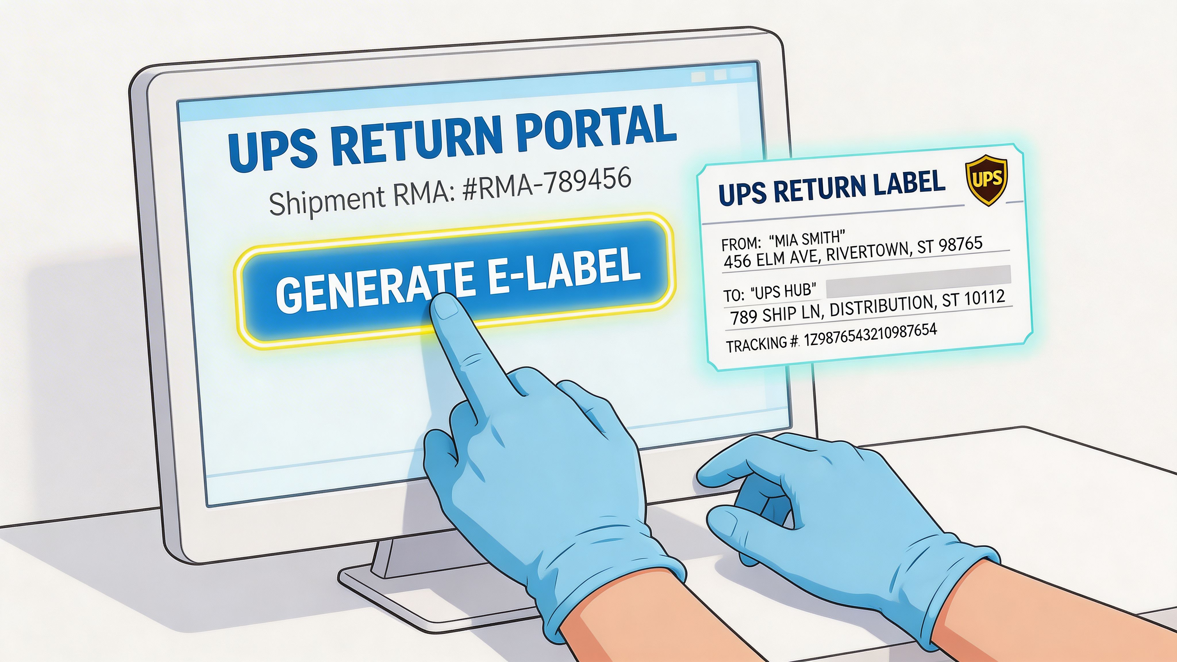 A person in blue gloves using a computer to generate a digital UPS return label online.