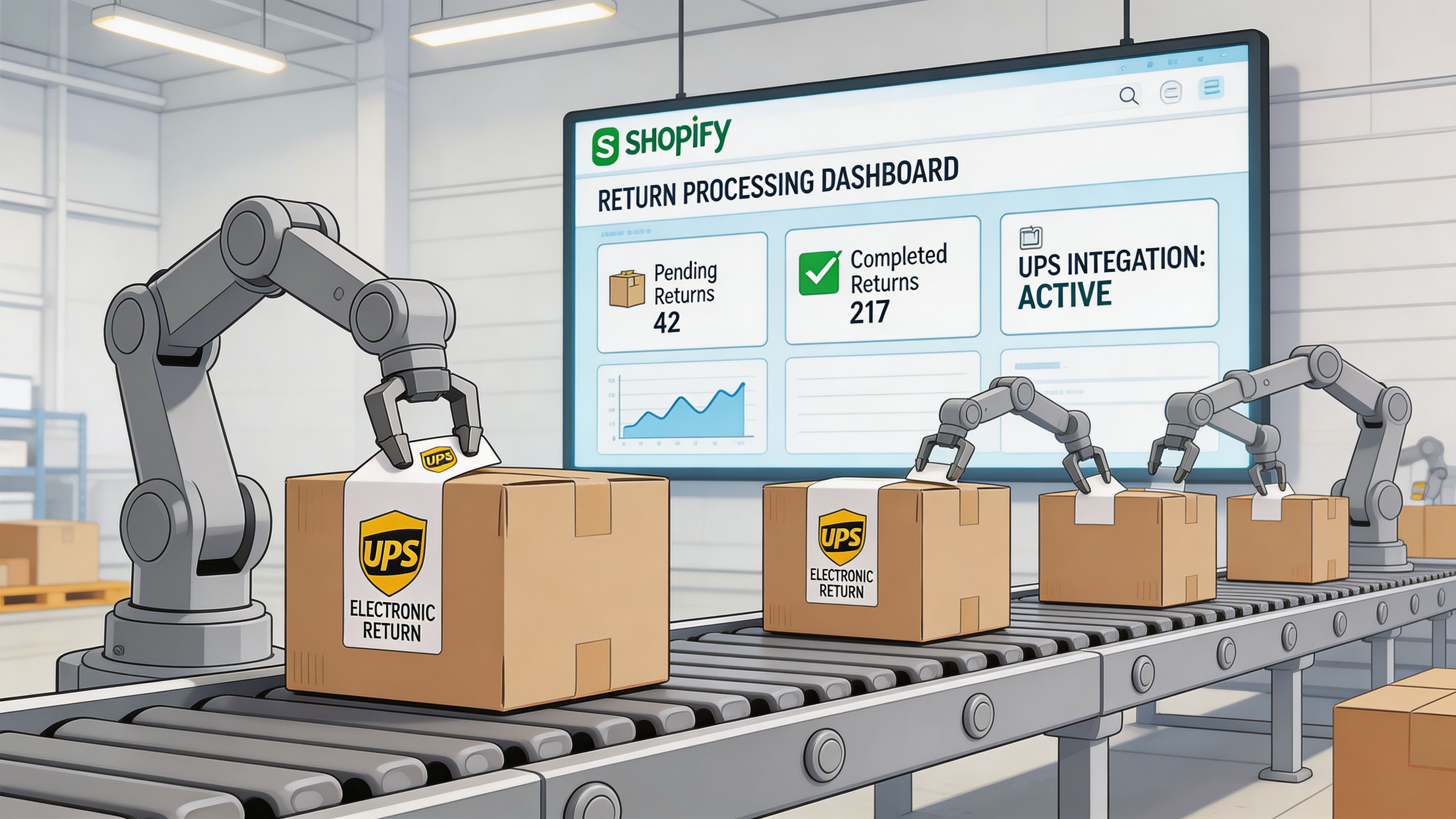 Robotic arms applying UPS electronic return labels to cardboard packages on an automated Shopify warehouse conveyor belt.