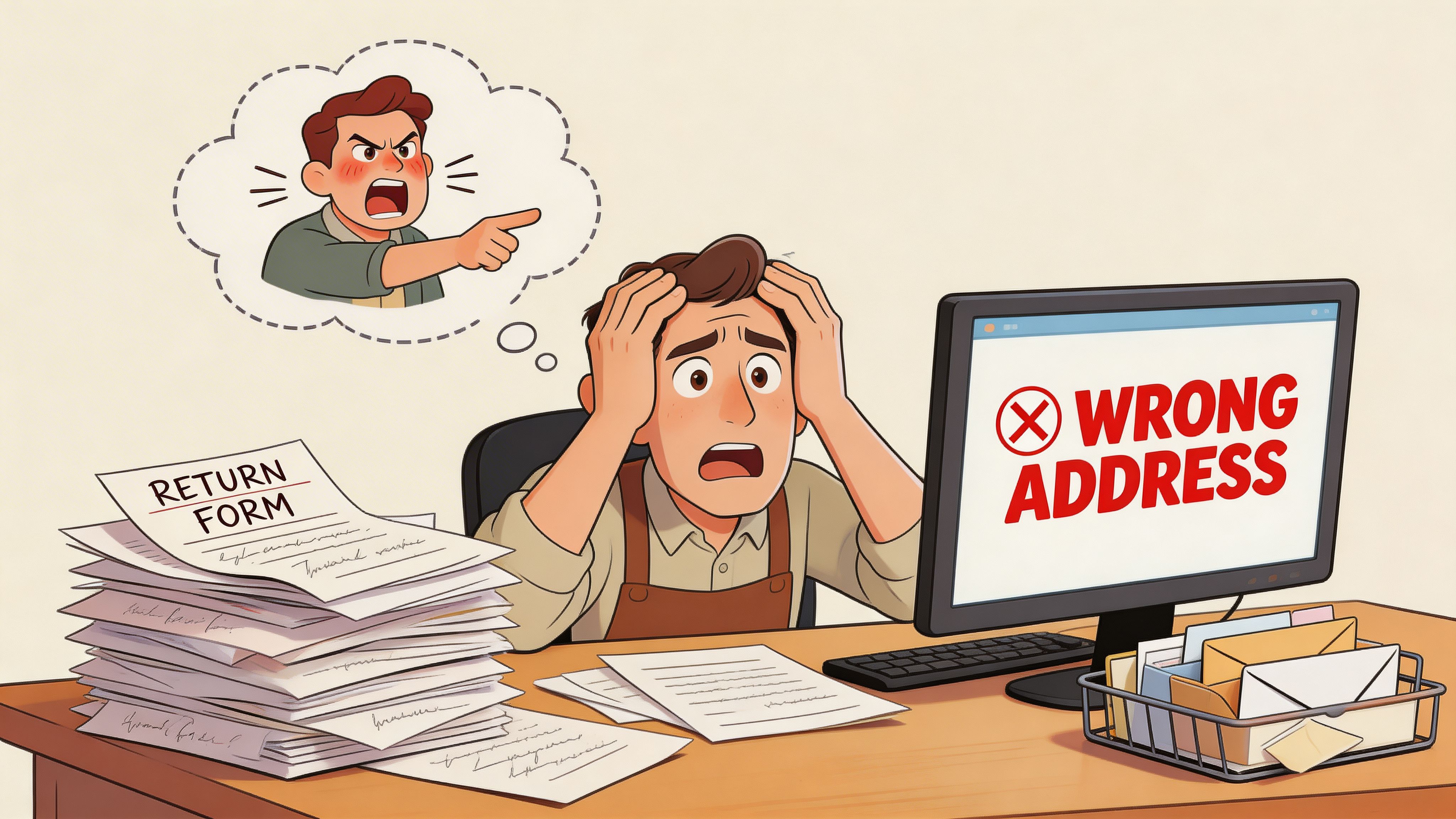 A stressed man looking at a computer screen displaying an error message about a wrong address.