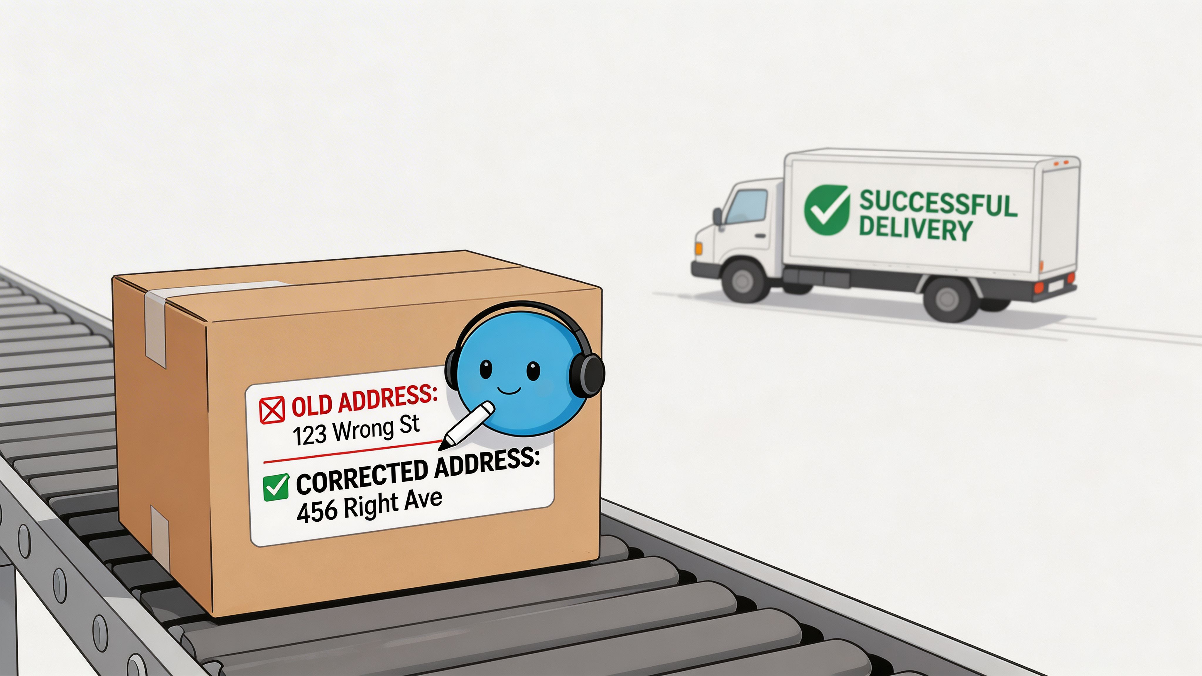 A cute character updating a delivery address on a package moving along an industrial conveyor belt.