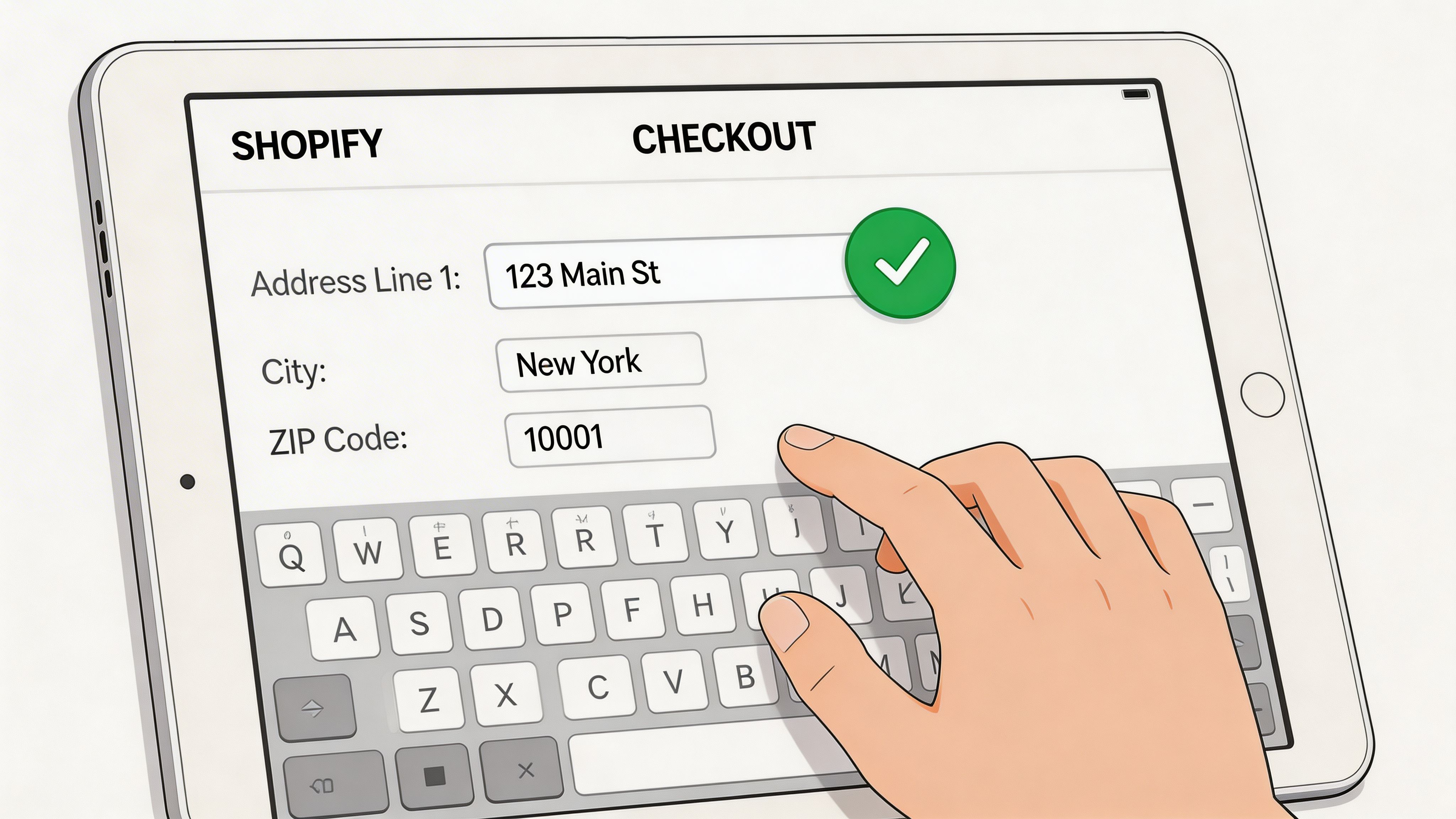 A hand using a digital tablet to enter address information into a Shopify checkout form on screen.