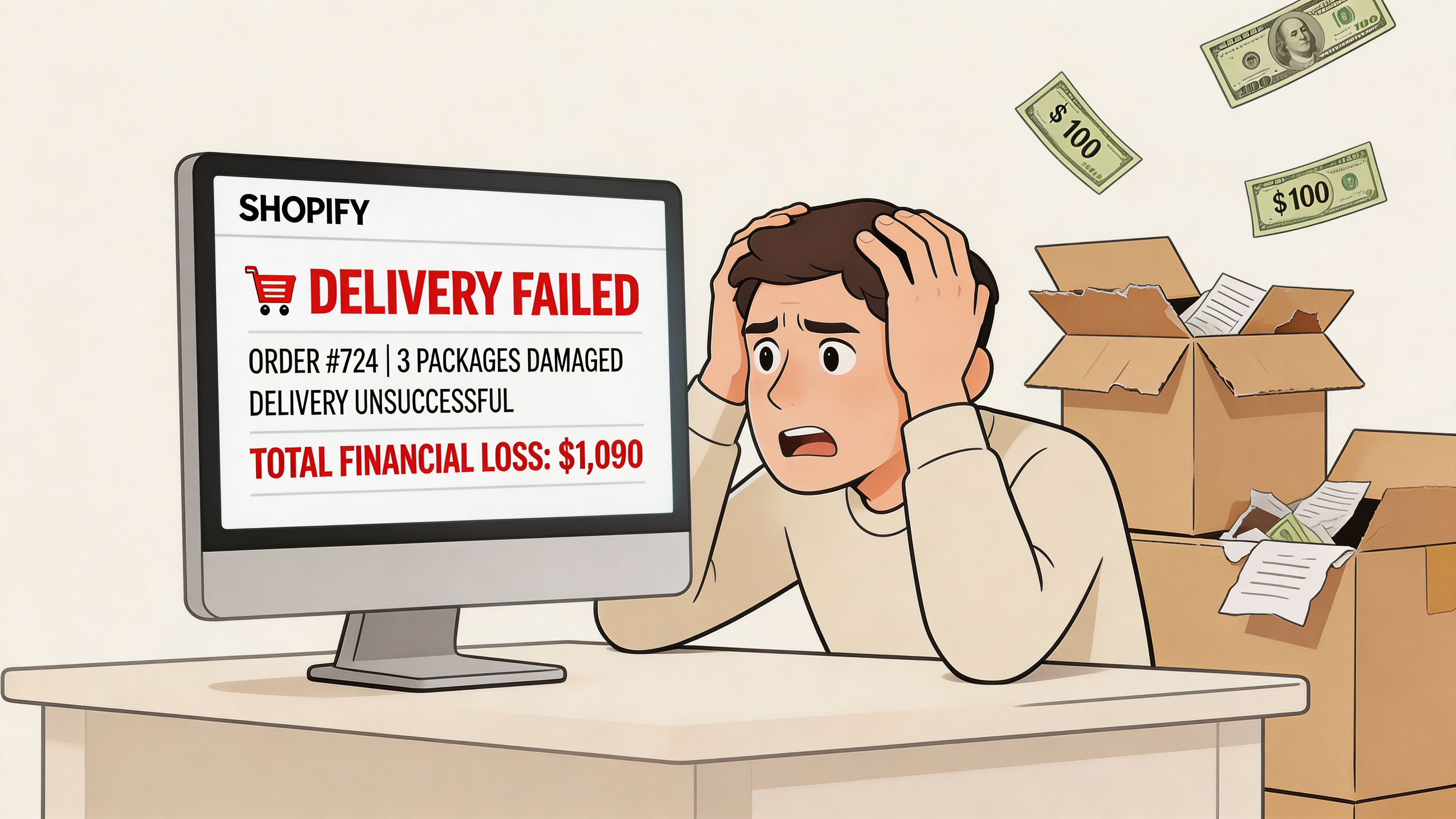 A distressed man looking at a Shopify computer screen displaying delivery failure and financial loss notifications.