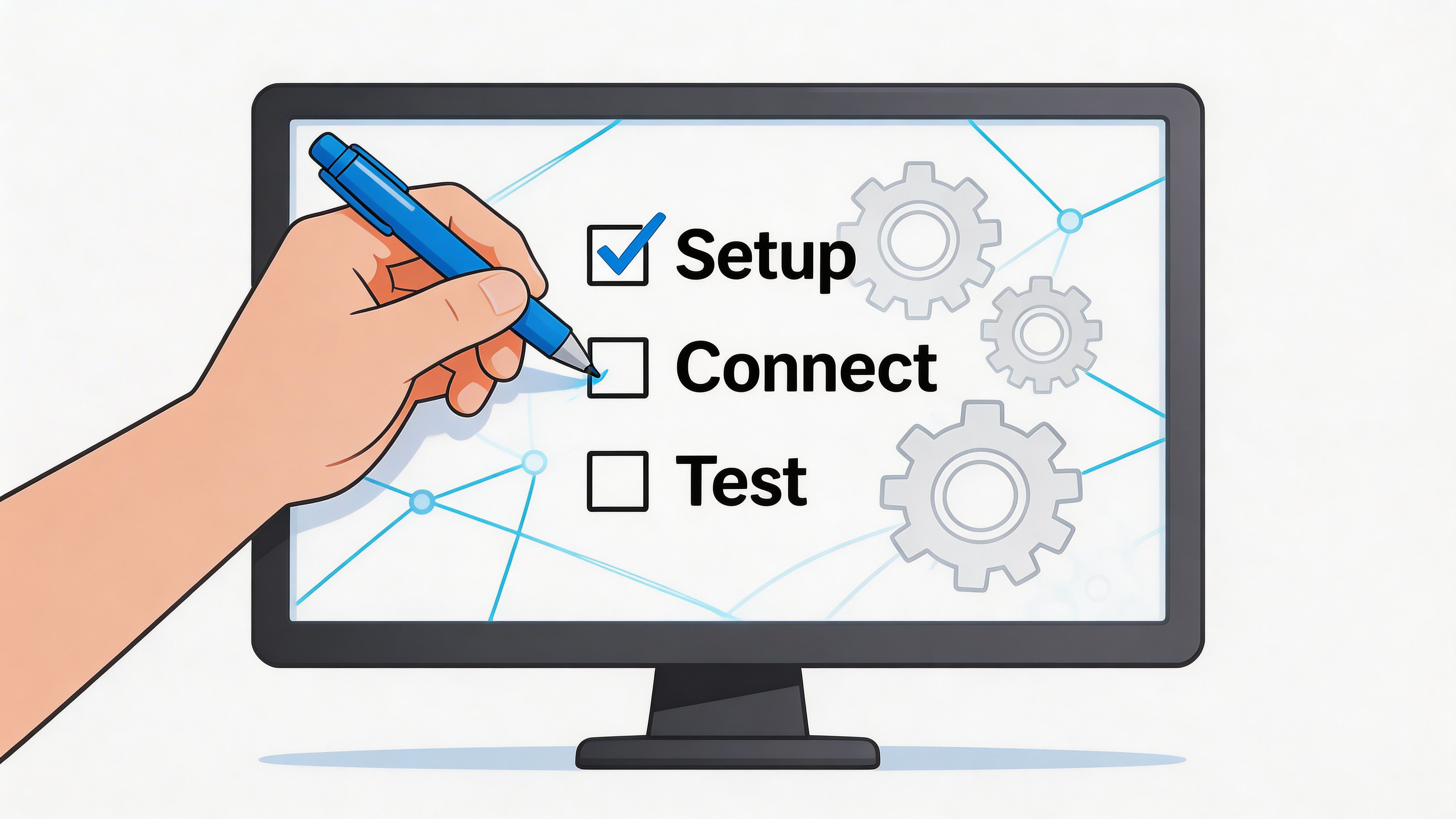 A hand holding a pen checking off the Connect box on a digital screen setup task list.