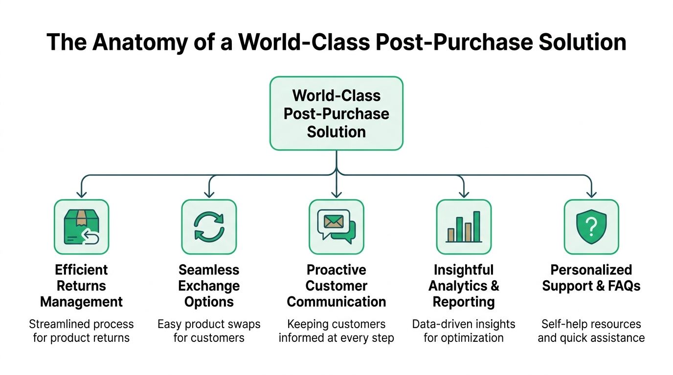 A diagram illustrating the five core components of a world-class post-purchase customer experience solution.