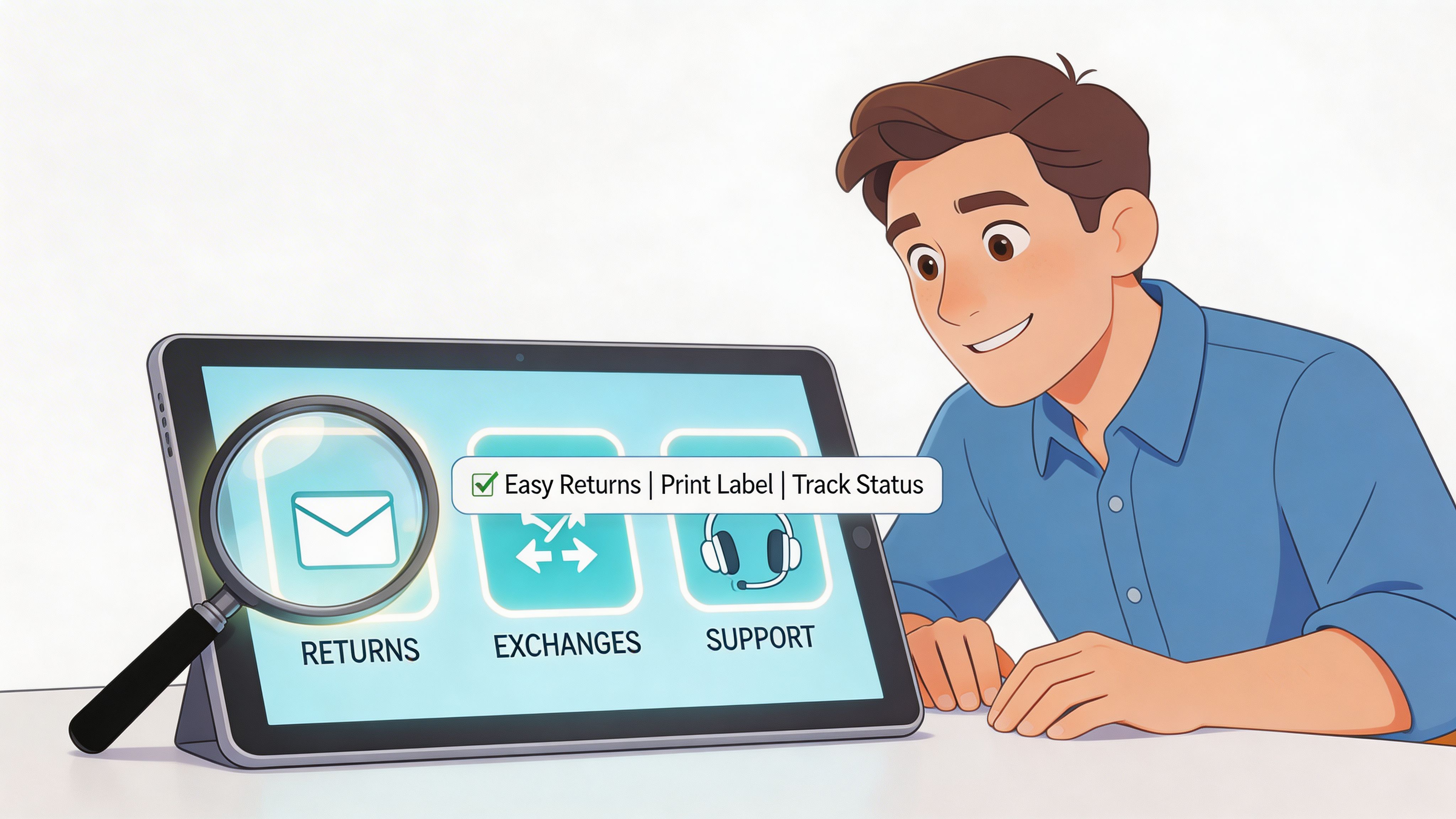 A friendly man looking at a tablet showing interface options for returns, exchanges, and customer support.