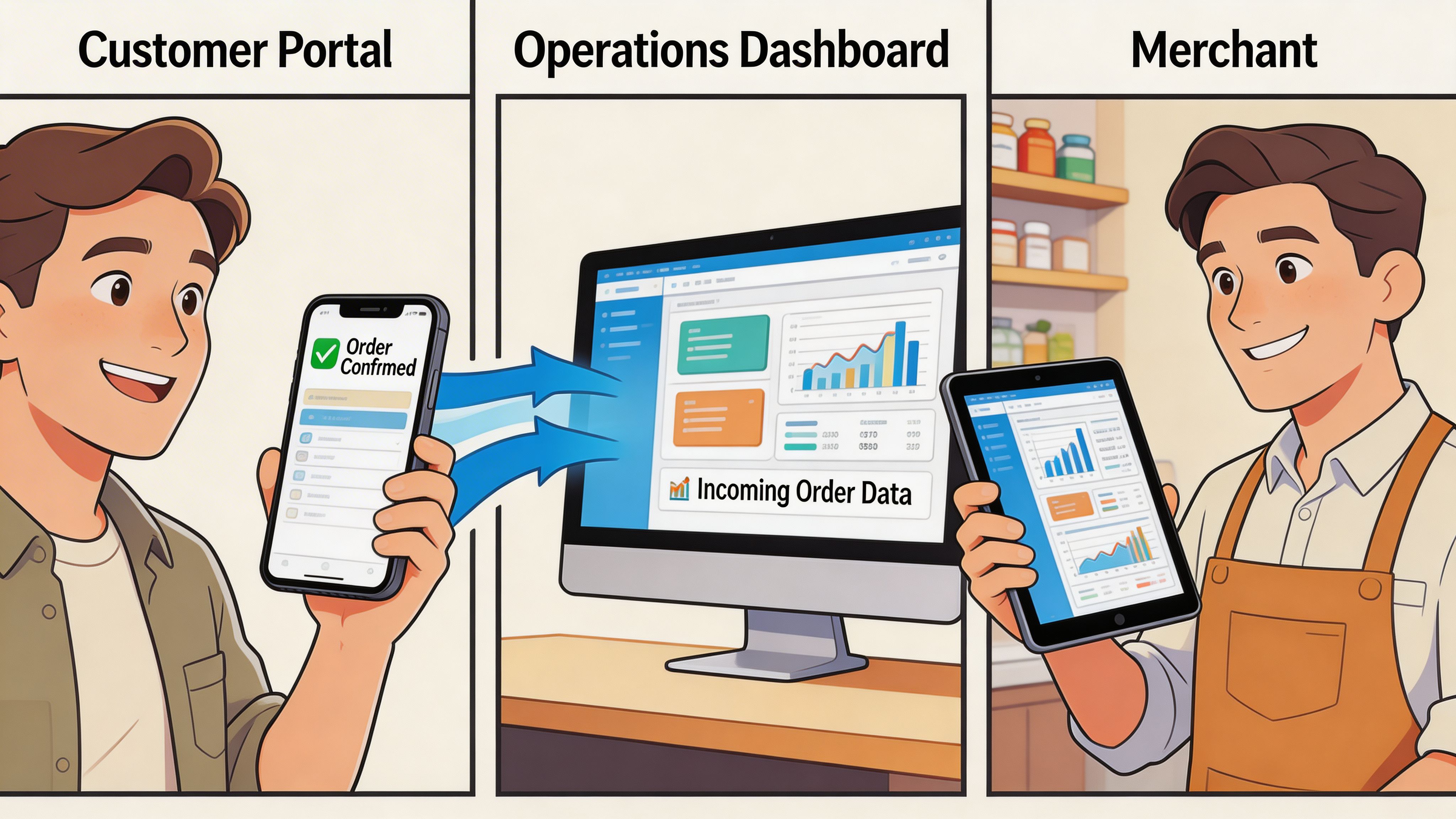 A diagram illustrating the digital flow from customer order confirmation to operations dashboard and merchant tablet management.