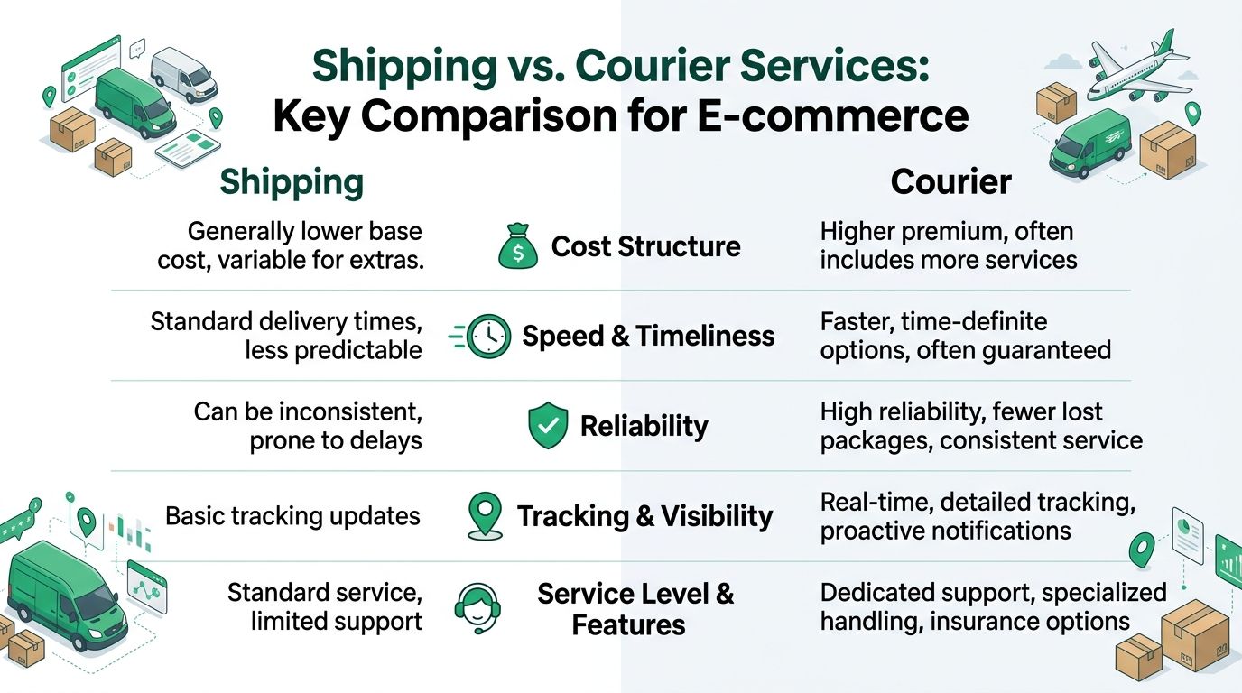 A comparison chart outlining the key differences between standard shipping and courier services for e-commerce businesses.