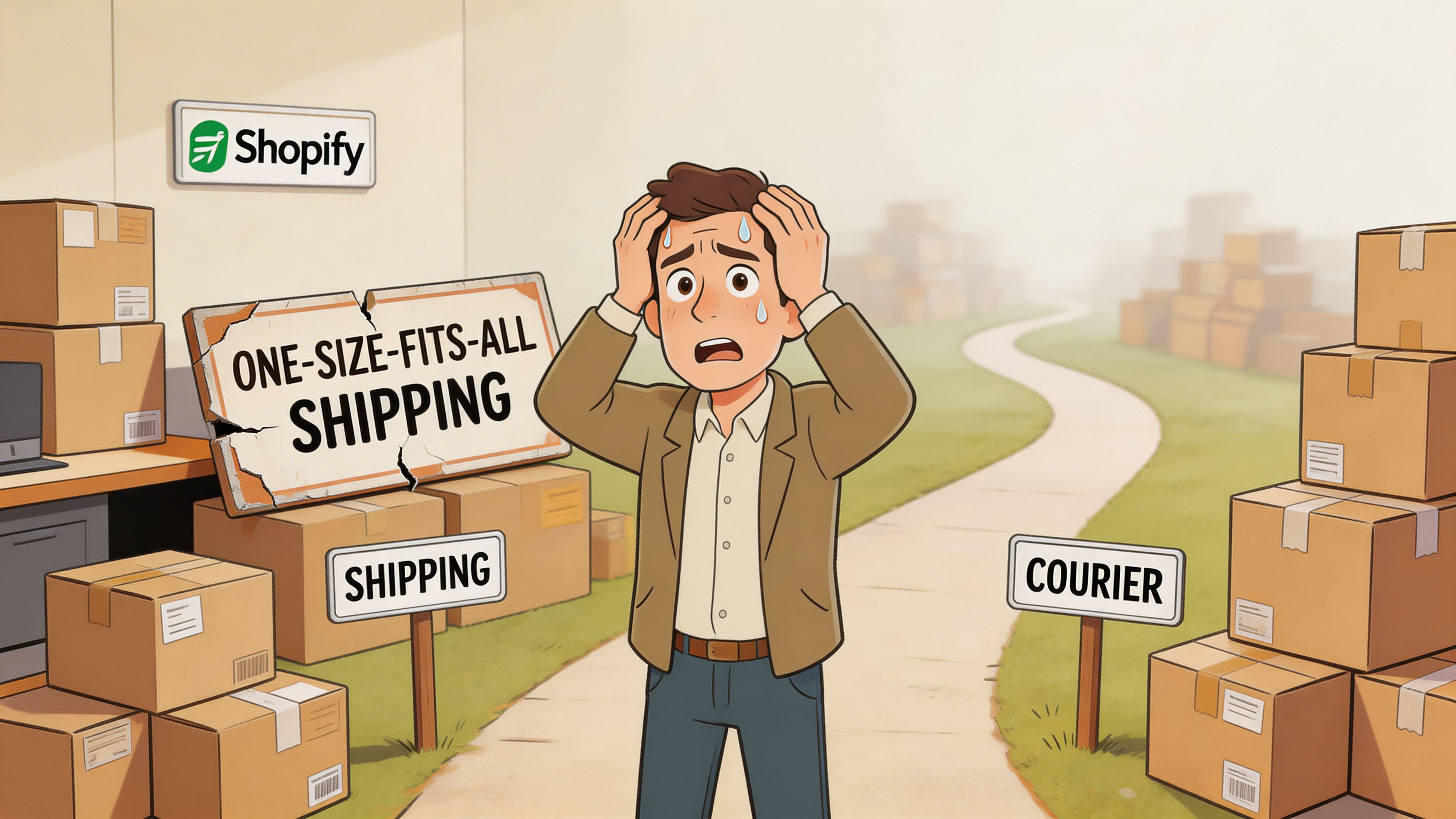 A confused business owner stands between signs for shipping and courier options in a warehouse setting.