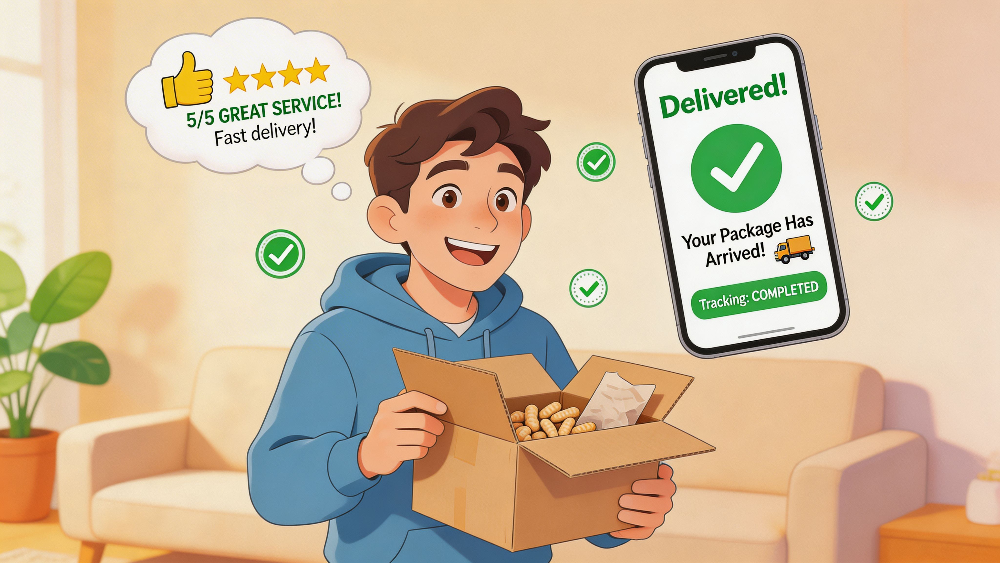 A happy young man holding an open delivery box, looking at a notification on his phone screen.