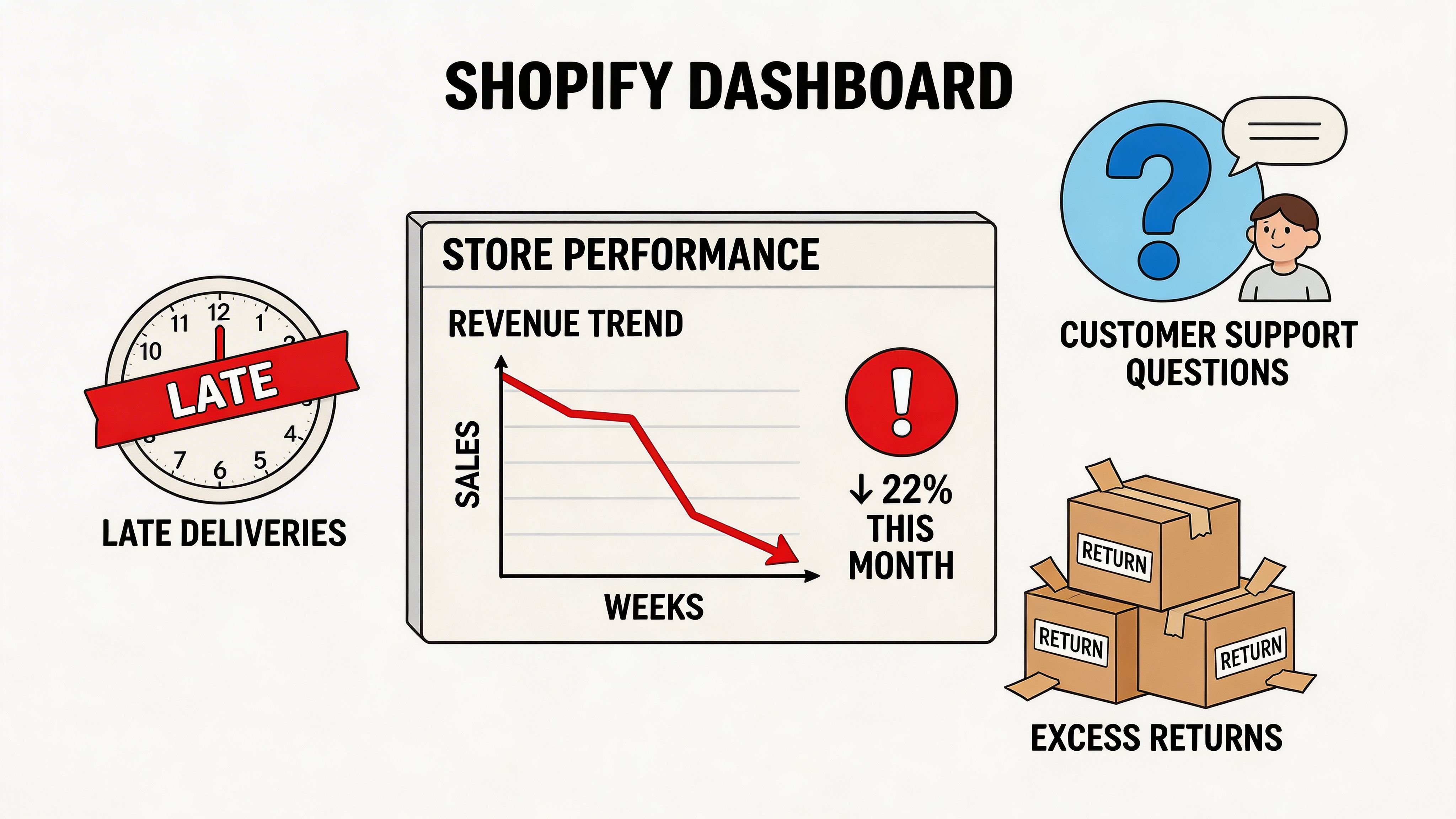 A Shopify dashboard illustration showing negative performance metrics including late deliveries, revenue decline, support queries, and returns.