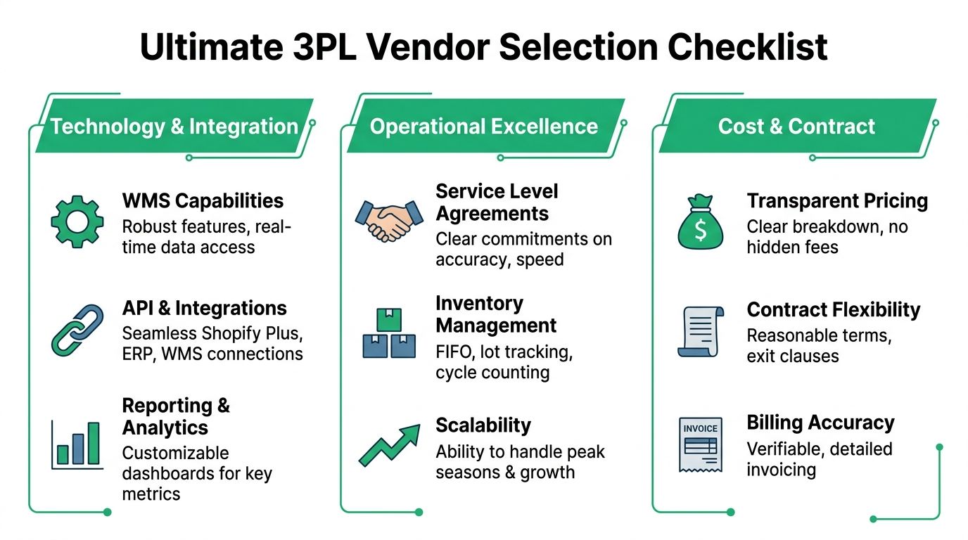 An infographic showing the Ultimate 3PL Vendor Selection Checklist with key considerations for logistics and fulfillment partners.