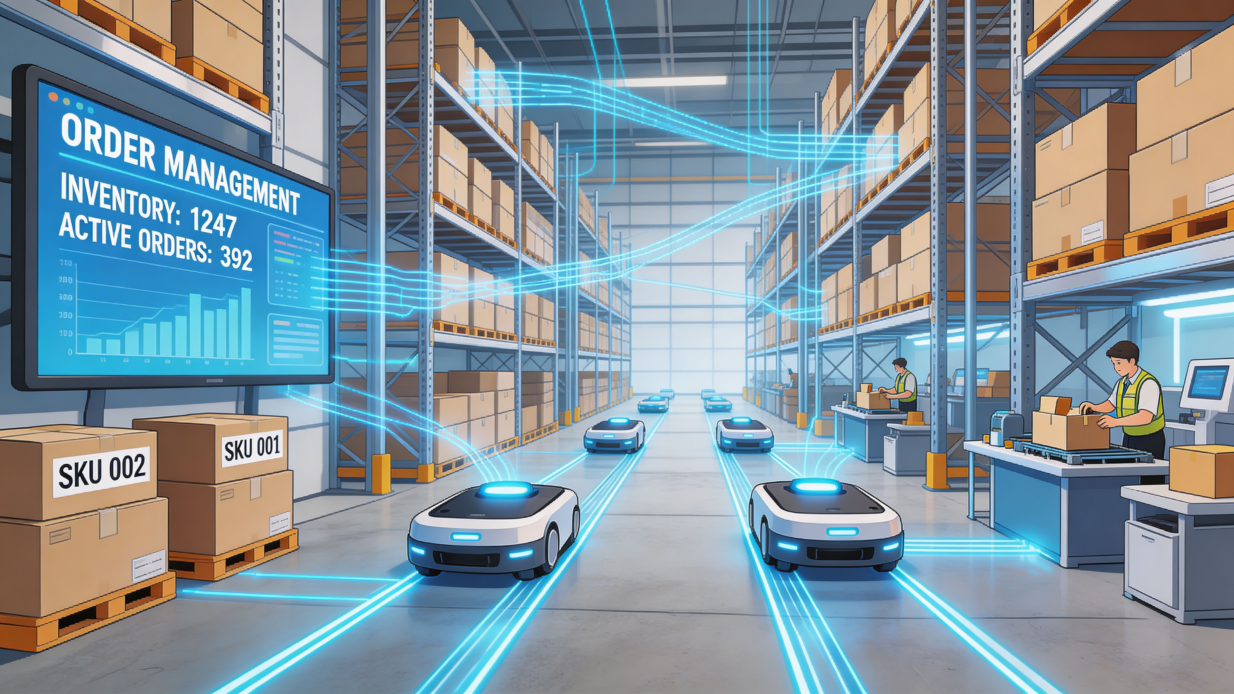 Automated warehouse with robots, inventory management screen, and workers sorting packages in a modern logistics facility.