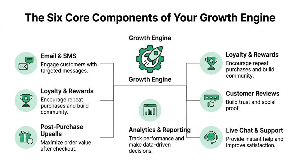 A diagram illustrating the six core components of a growth engine for Shopify marketing apps and strategy.