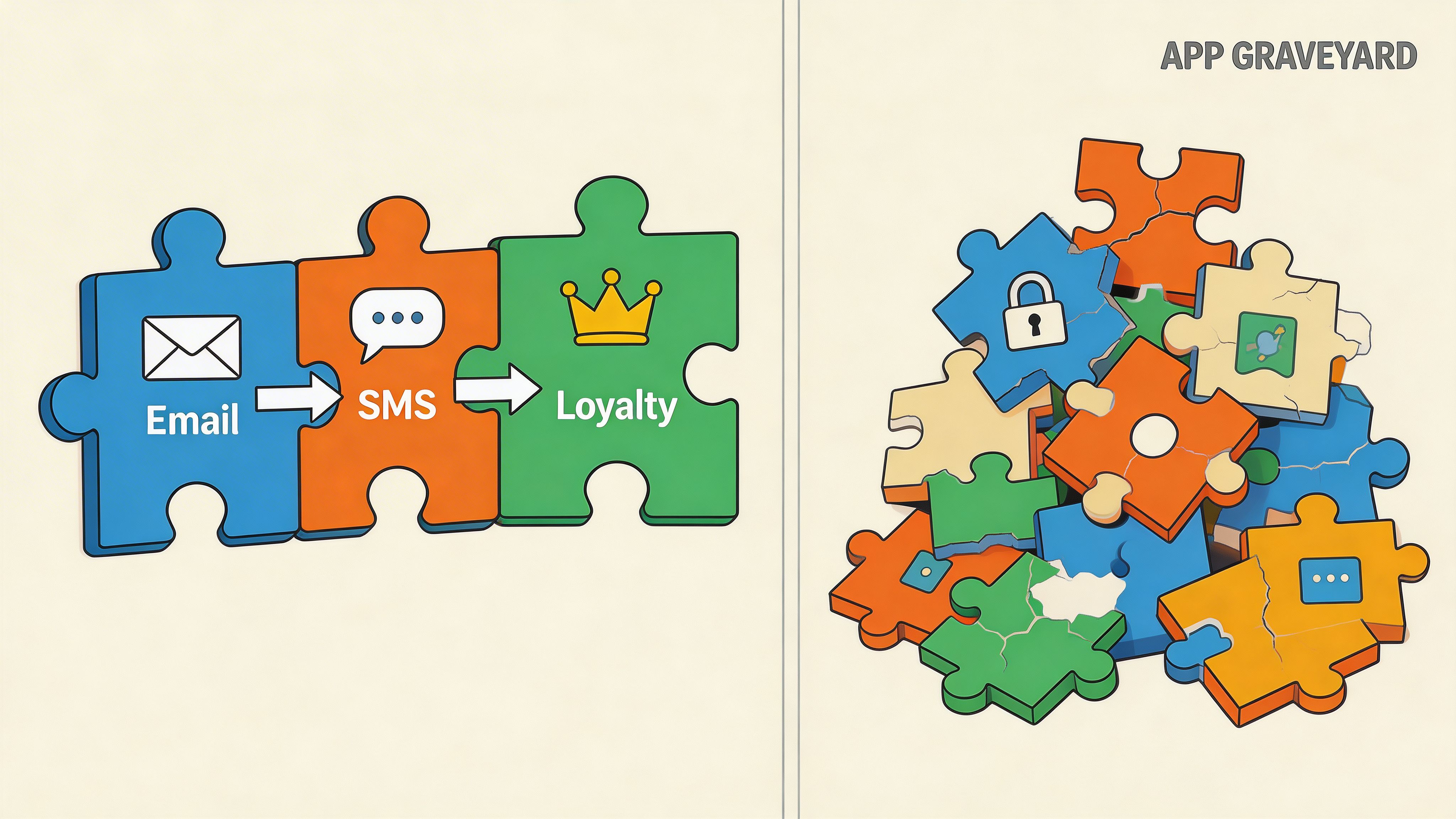 A conceptual illustration comparing integrated marketing app solutions against a fragmented, unused app graveyard pile.