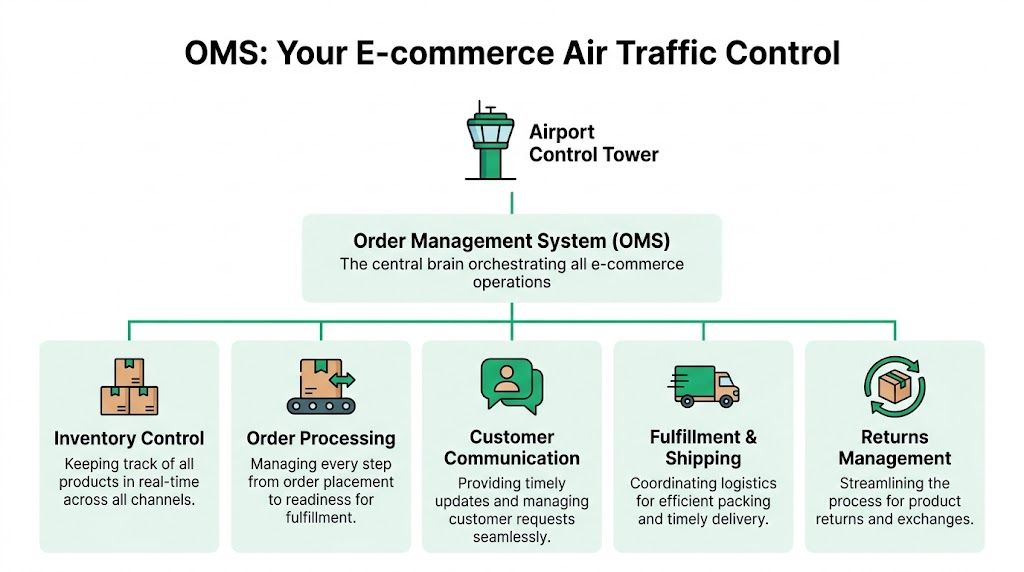 A diagram illustrating how an order management system acts as air traffic control for ecommerce operations.