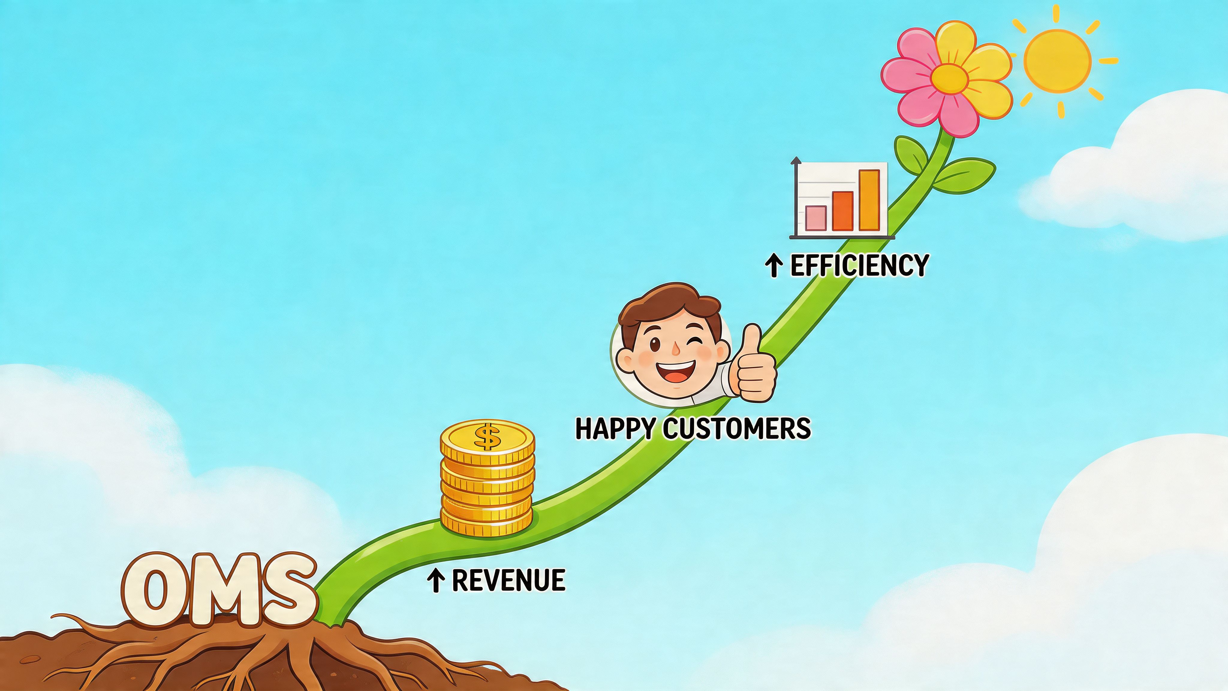 A conceptual illustration showing OMS as a plant growing into revenue, happy customers, and higher efficiency.