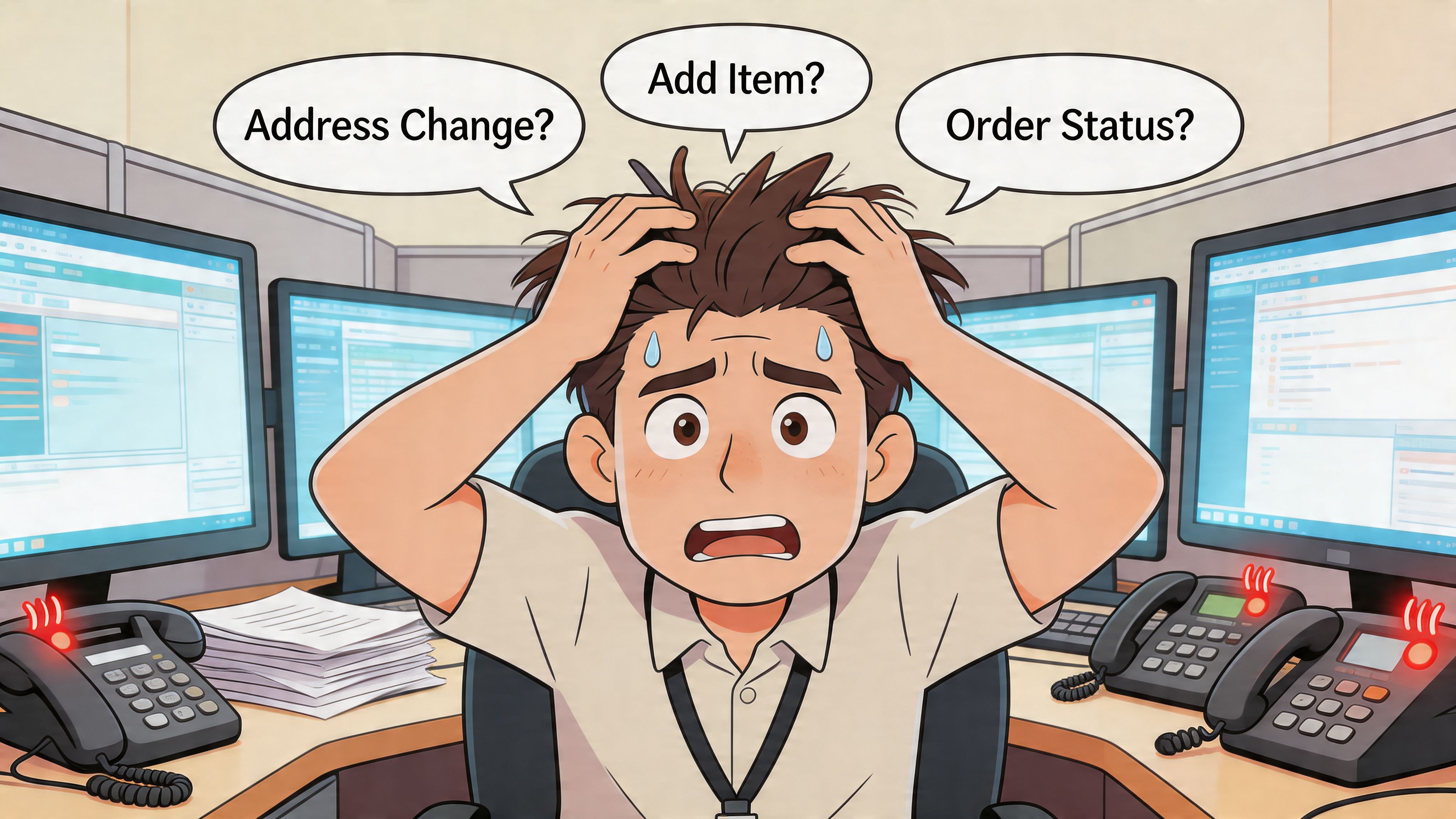 A stressed office worker overwhelmed by multiple inquiries and ringing phones in a high-pressure workplace environment.