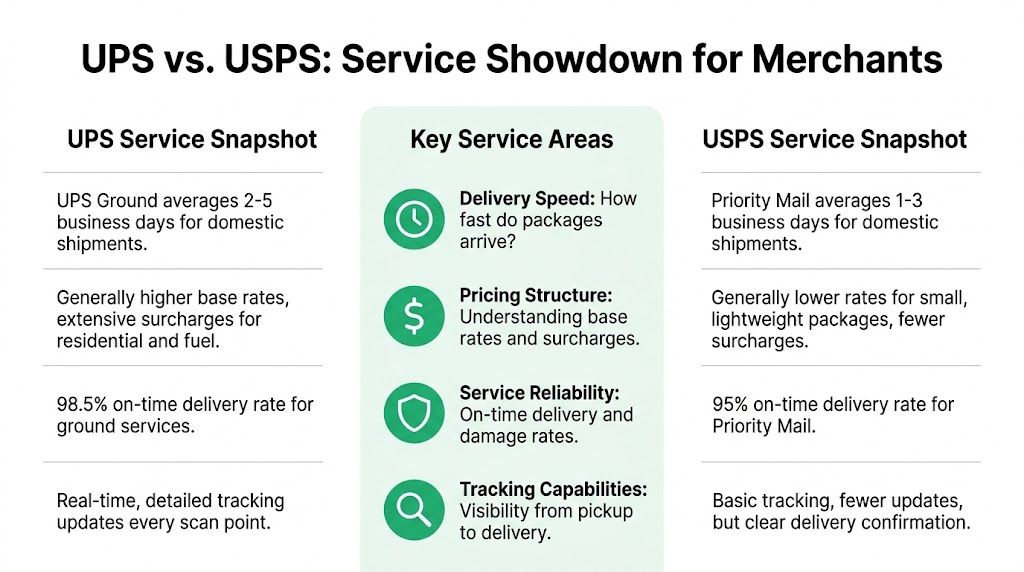 A comparison chart outlining the key differences between UPS and USPS shipping services for merchants.