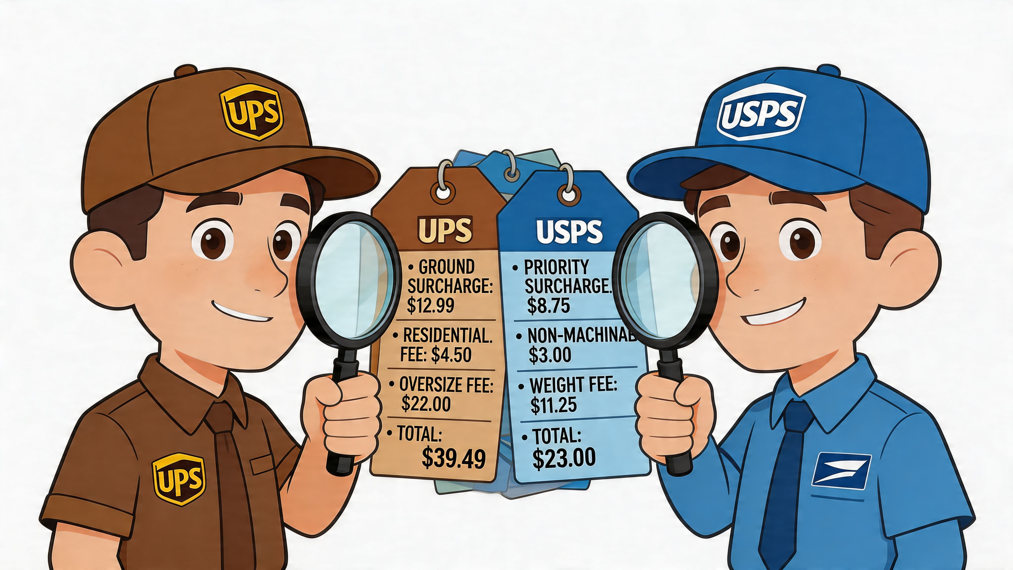 A cartoon illustration of UPS and USPS delivery personnel comparing shipping fee tags side by side.