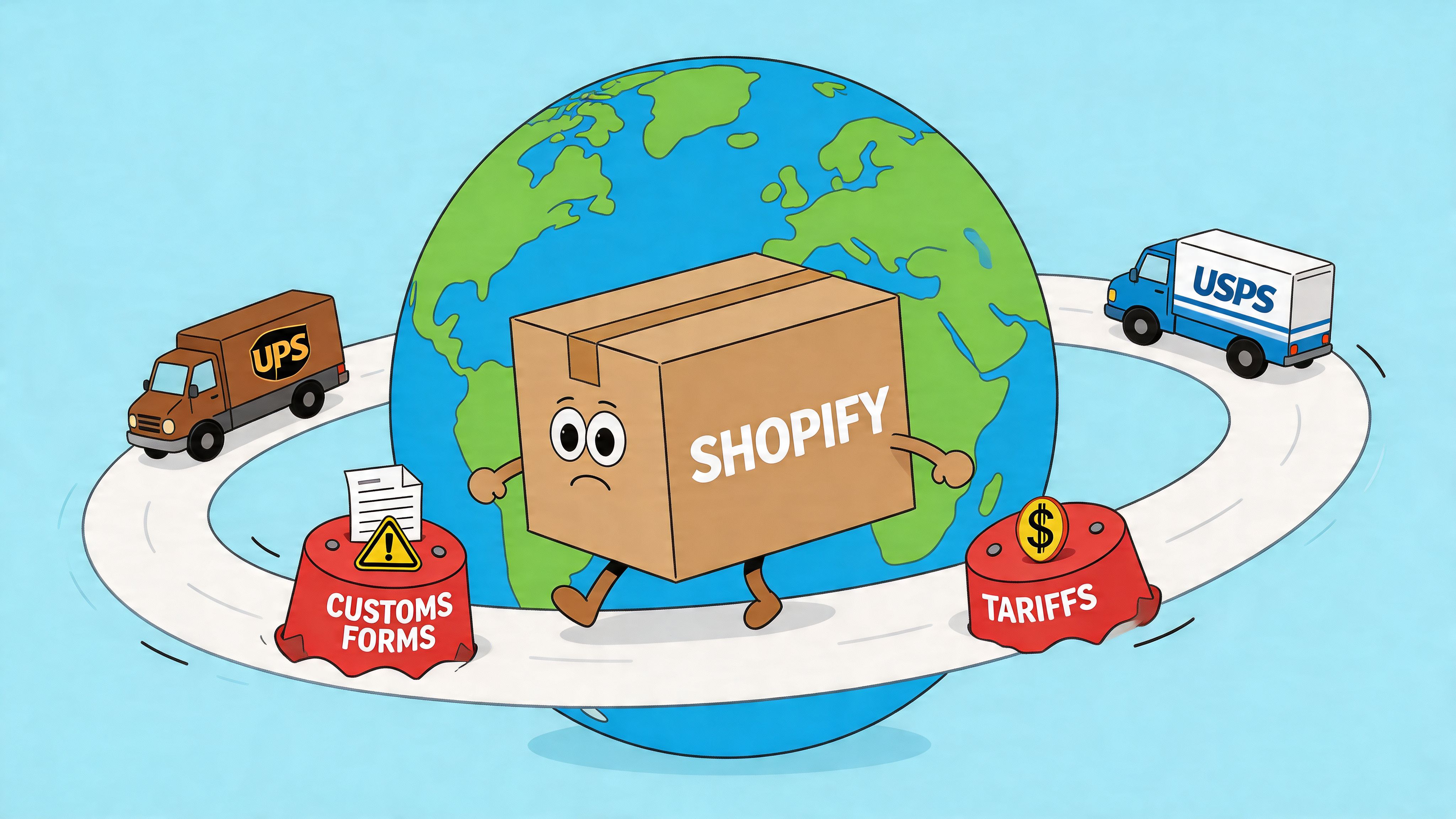 A cartoon Shopify package walking on a road representing international shipping challenges like customs forms and tariffs.