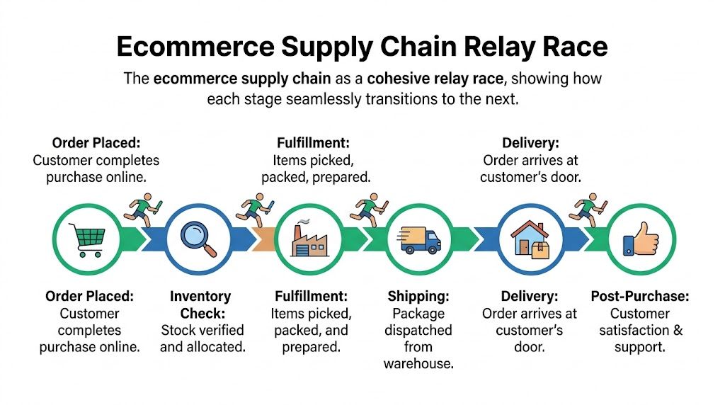 A diagram illustrating the ecommerce supply chain as a relay race with distinct operational stages.