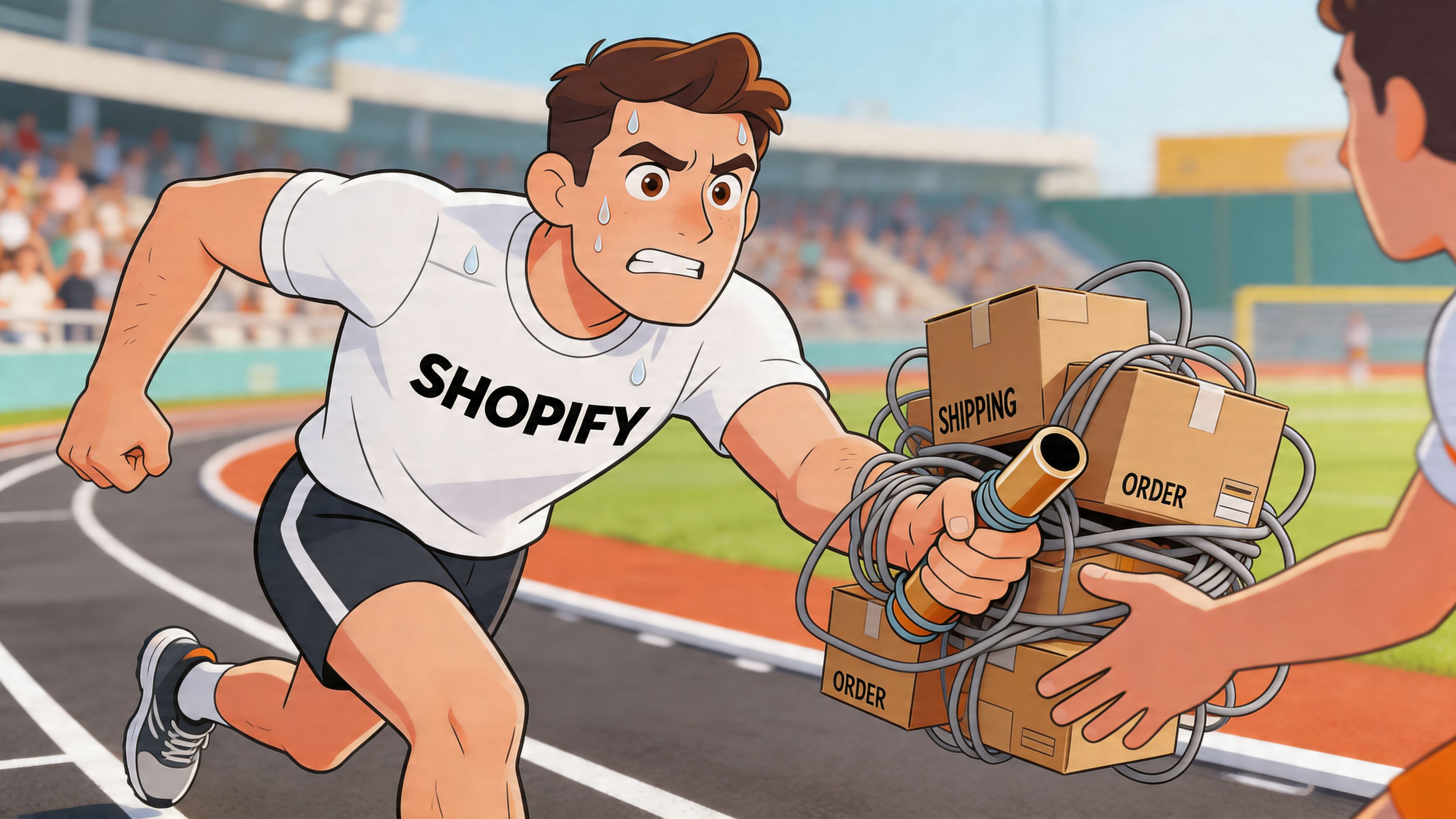 A cartoon Shopify runner struggling to pass a tangled relay baton of shipping boxes to another athlete.