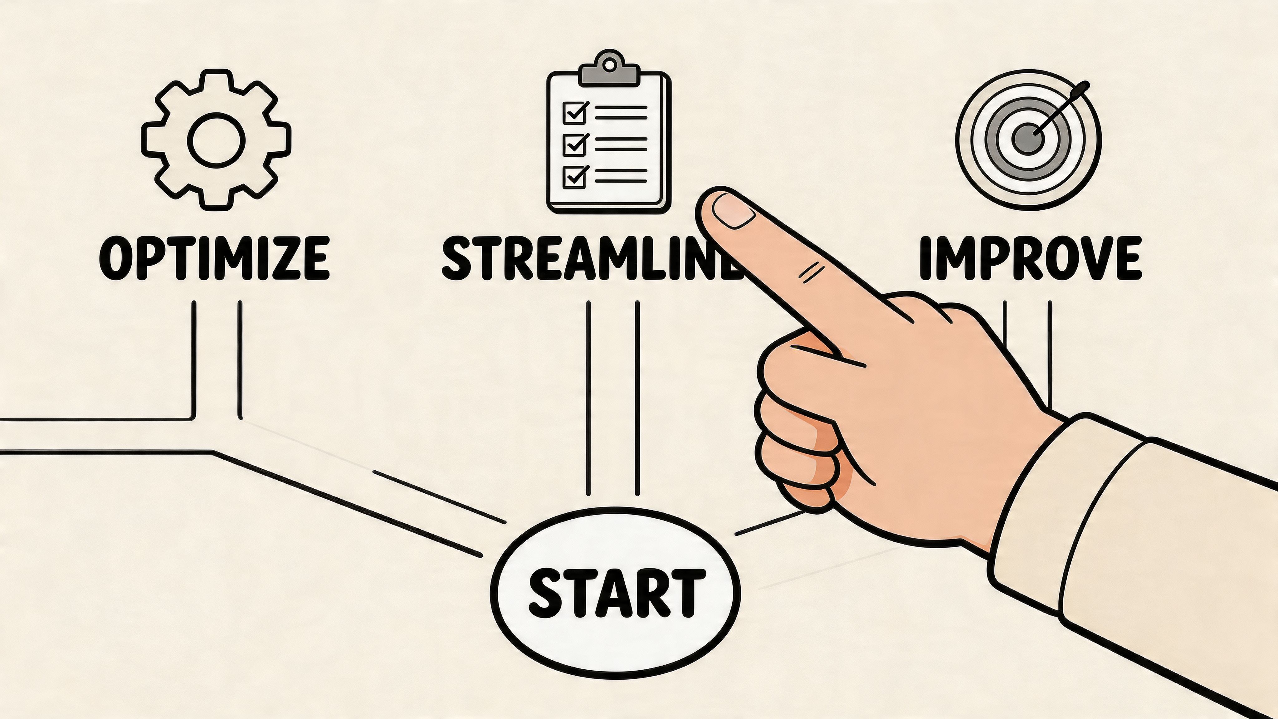 A conceptual diagram showing a process flow starting at a start bubble leading to optimize, streamline, and improve.