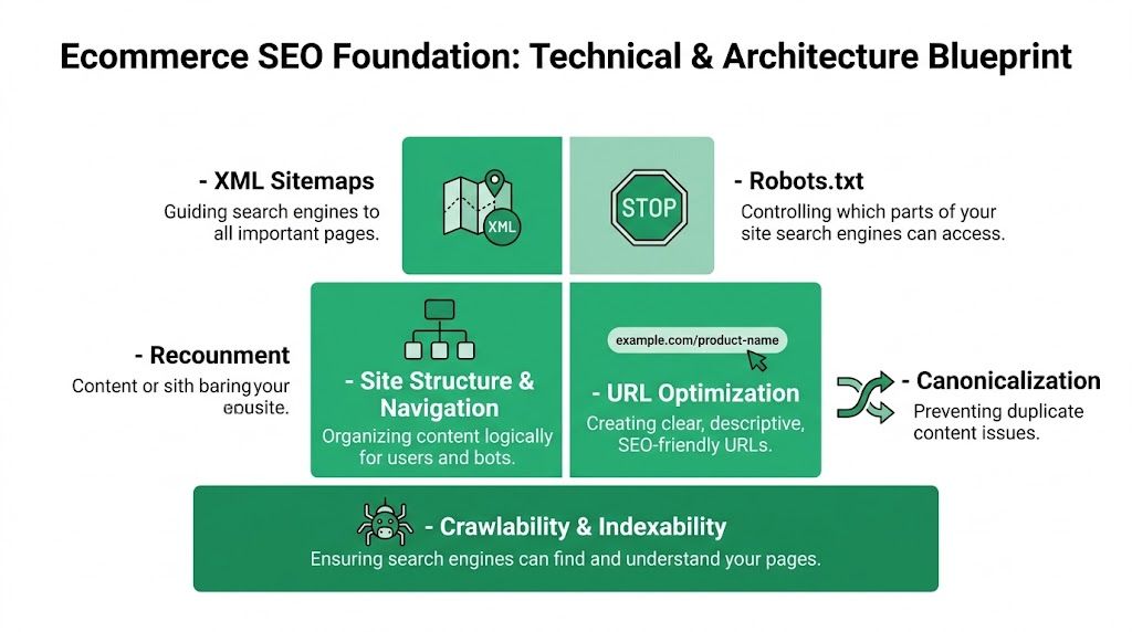 A diagram illustrating the foundation of ecommerce SEO including sitemaps, robots.txt, site structure, and indexability.