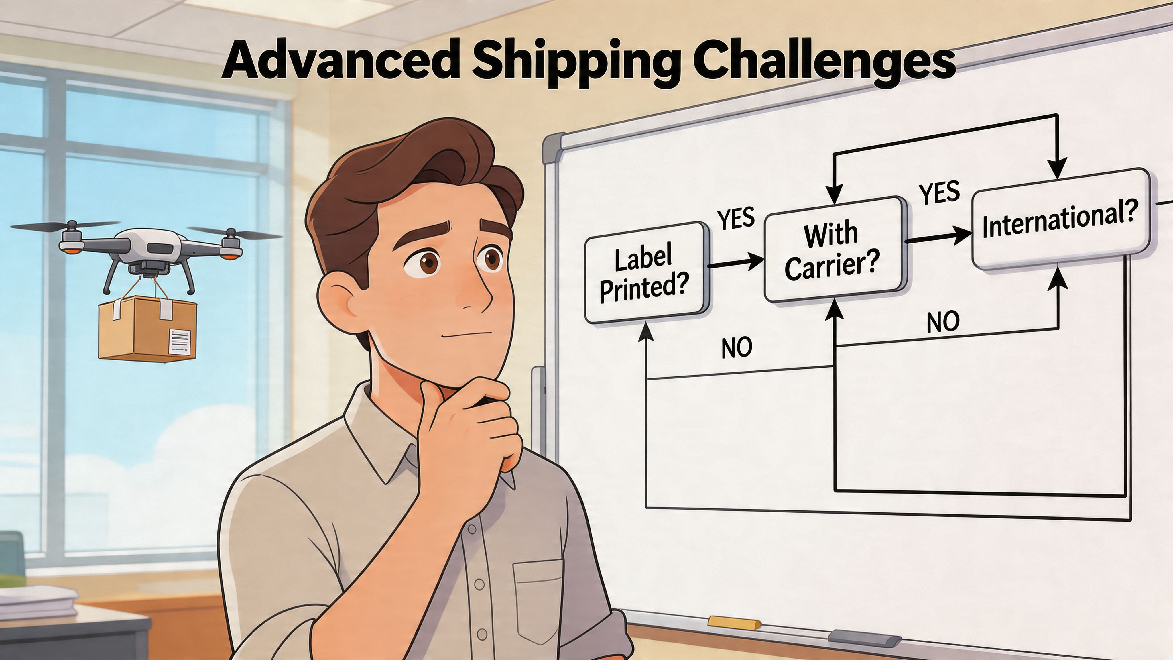 A person looking thoughtful next to a whiteboard displaying a flowchart about shipping logistics and processes.