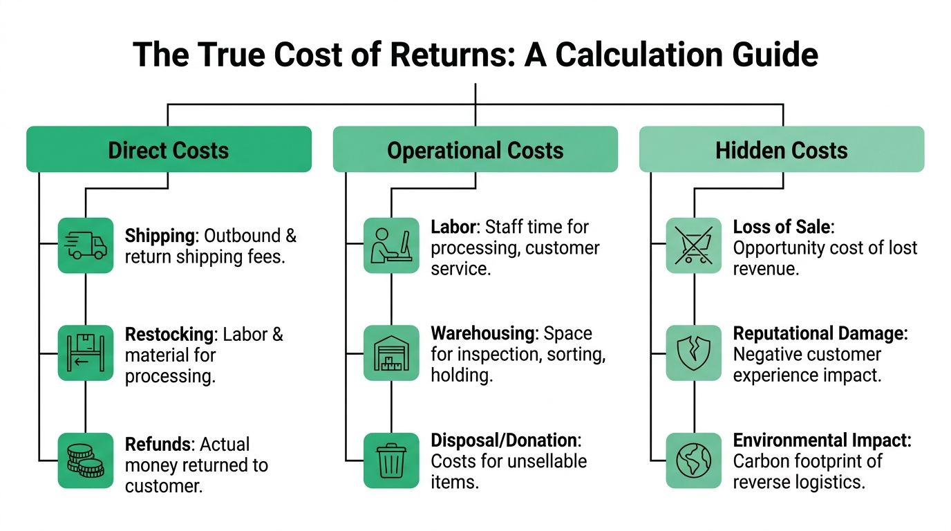 A calculation guide chart illustrating the direct, operational, and hidden costs associated with processing customer product returns.