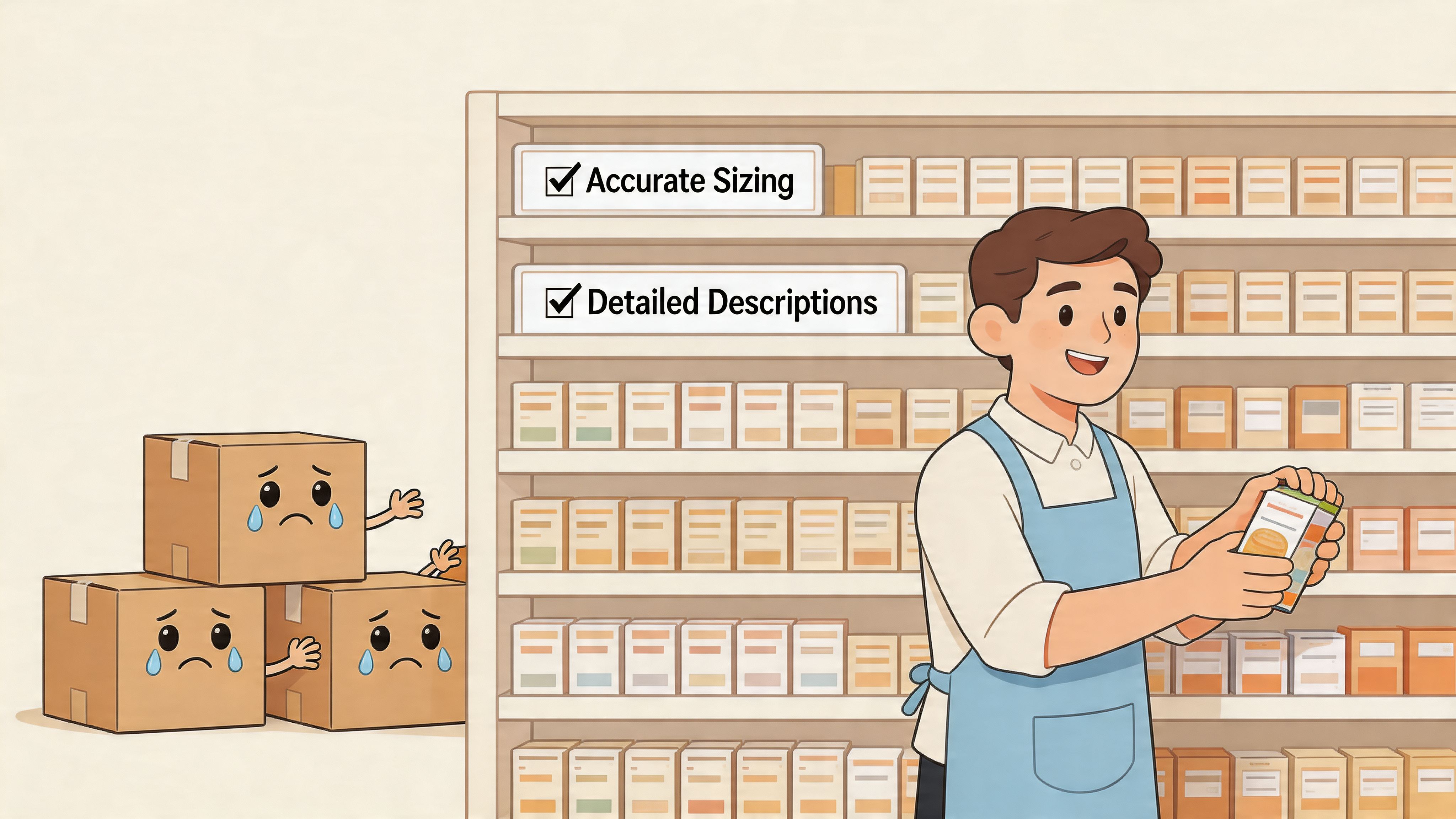 A store employee organizes shelves with accurate sizing and descriptions while sad boxes represent e-commerce returns.