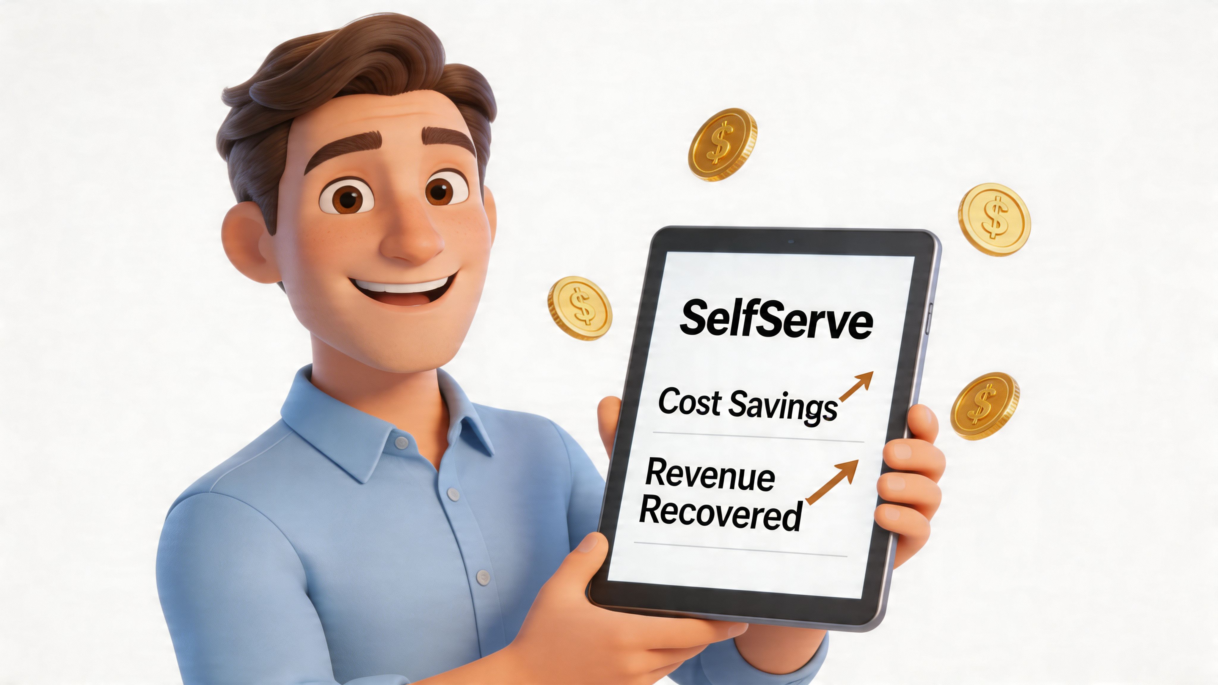 A 3D cartoon character holding a tablet displaying self-serve benefits of cost savings and revenue recovered.