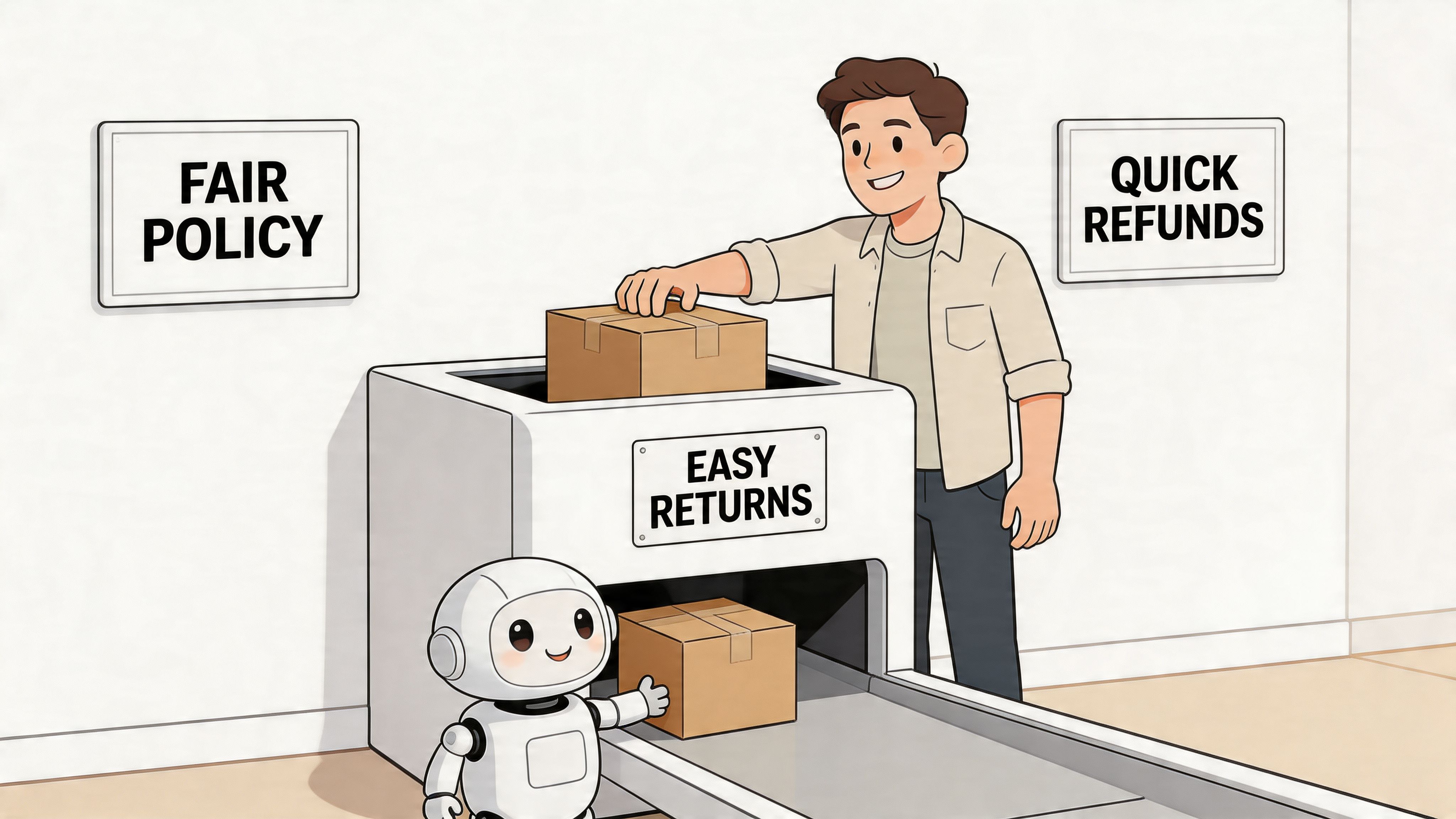 A friendly robot helping a man return a package at a kiosk labelled easy returns.
