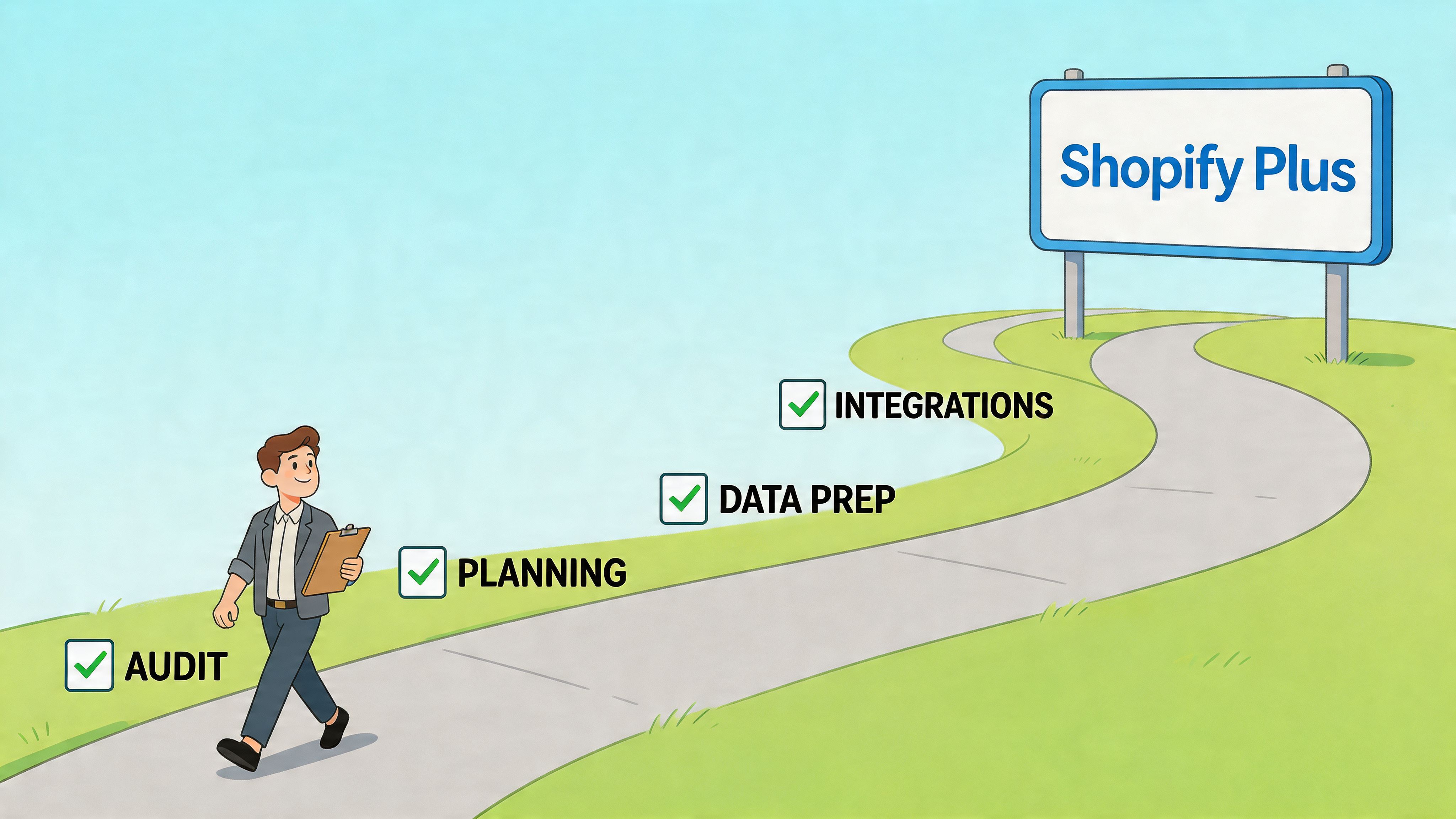 A professional man walking along a path toward a large Shopify Plus billboard showing project stages.