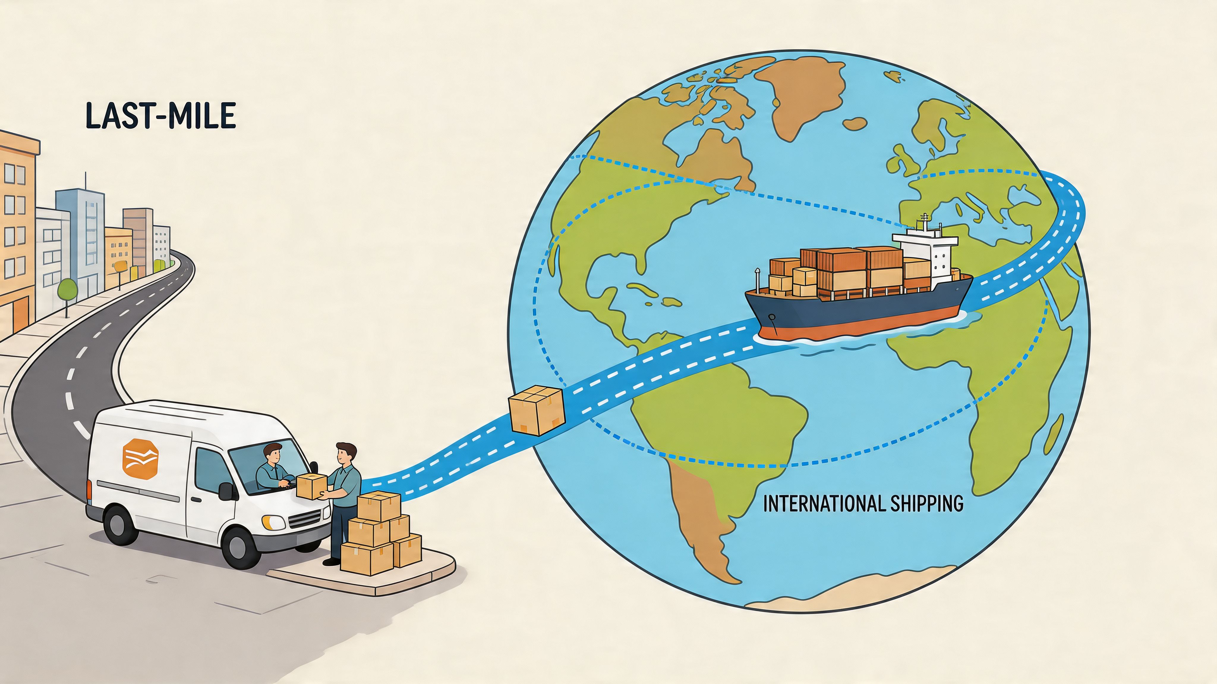 A diagram illustrating the logistics process from international shipping by cargo ship to last-mile delivery via van.