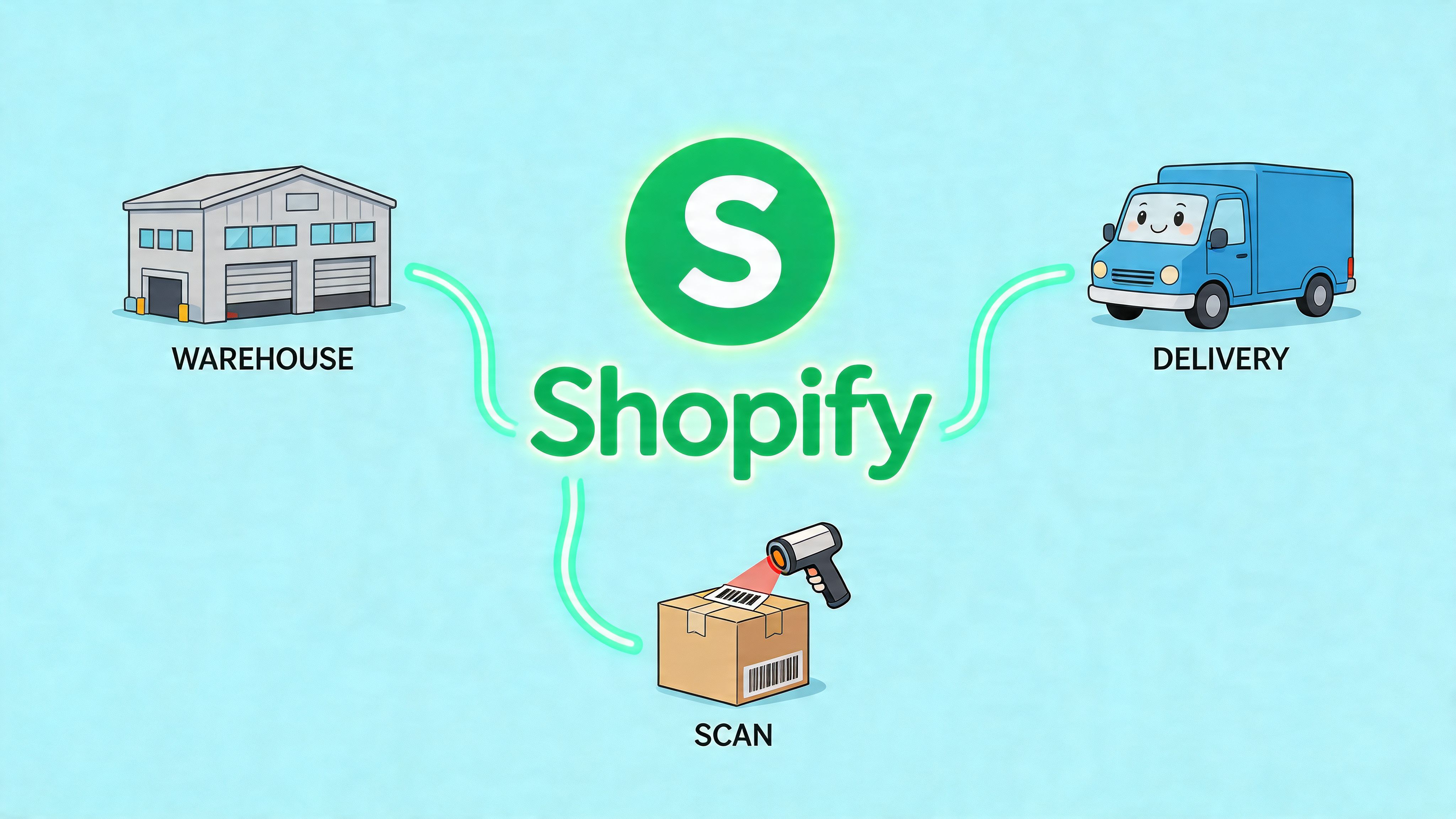 A diagram illustrating Shopify e-commerce logistics services featuring warehouse, scan, and delivery icons connected to the brand logo.