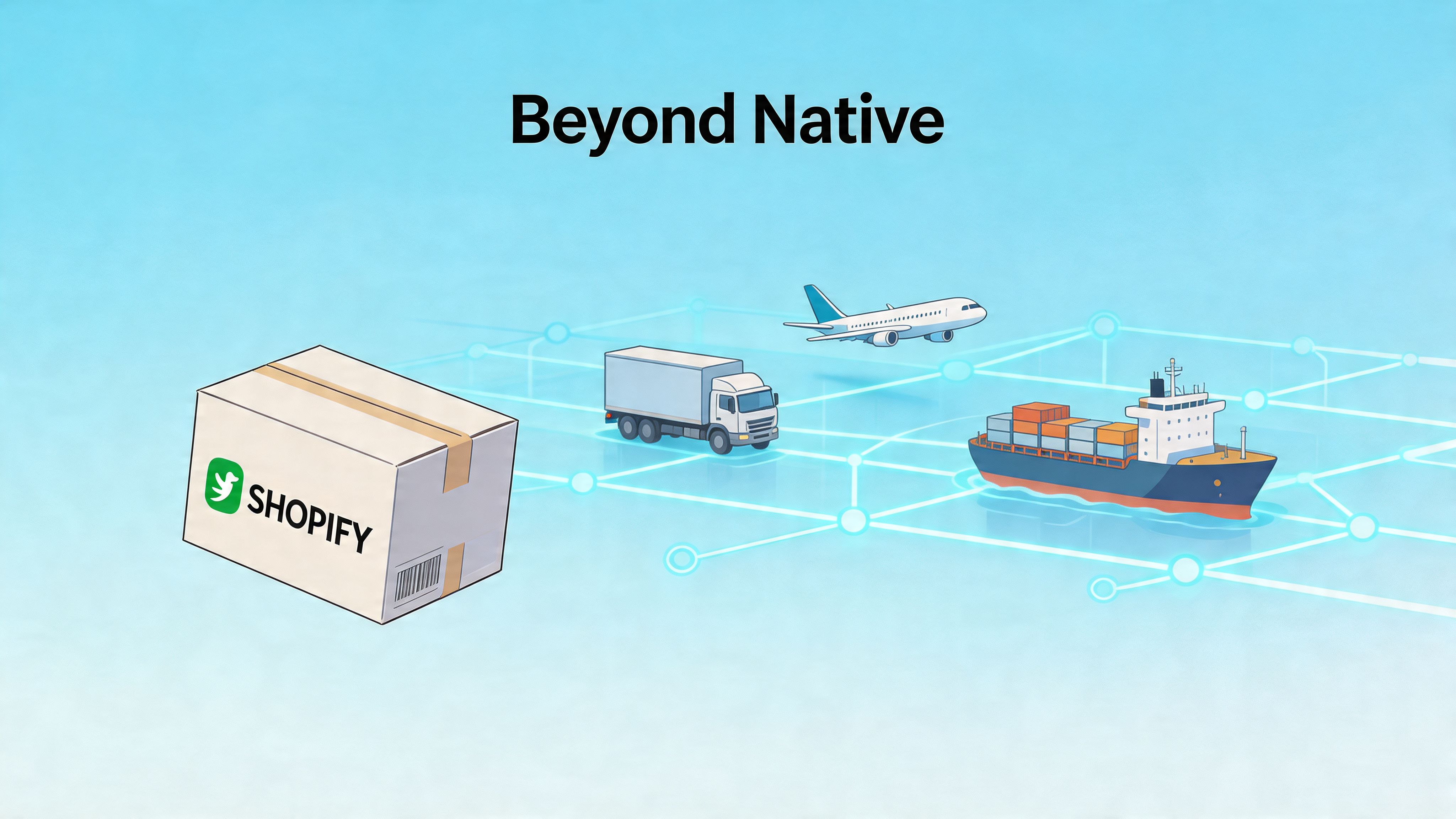 A Shopify branded shipping box with icons of a truck, airplane, and cargo ship on a grid.
