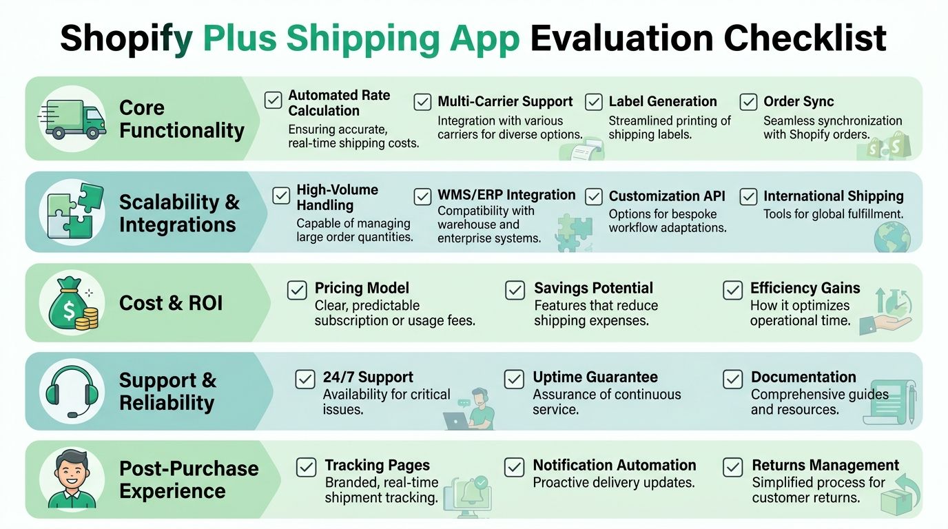 A comprehensive evaluation checklist for Shopify Plus shipping apps, highlighting essential features for e-commerce business logistics.