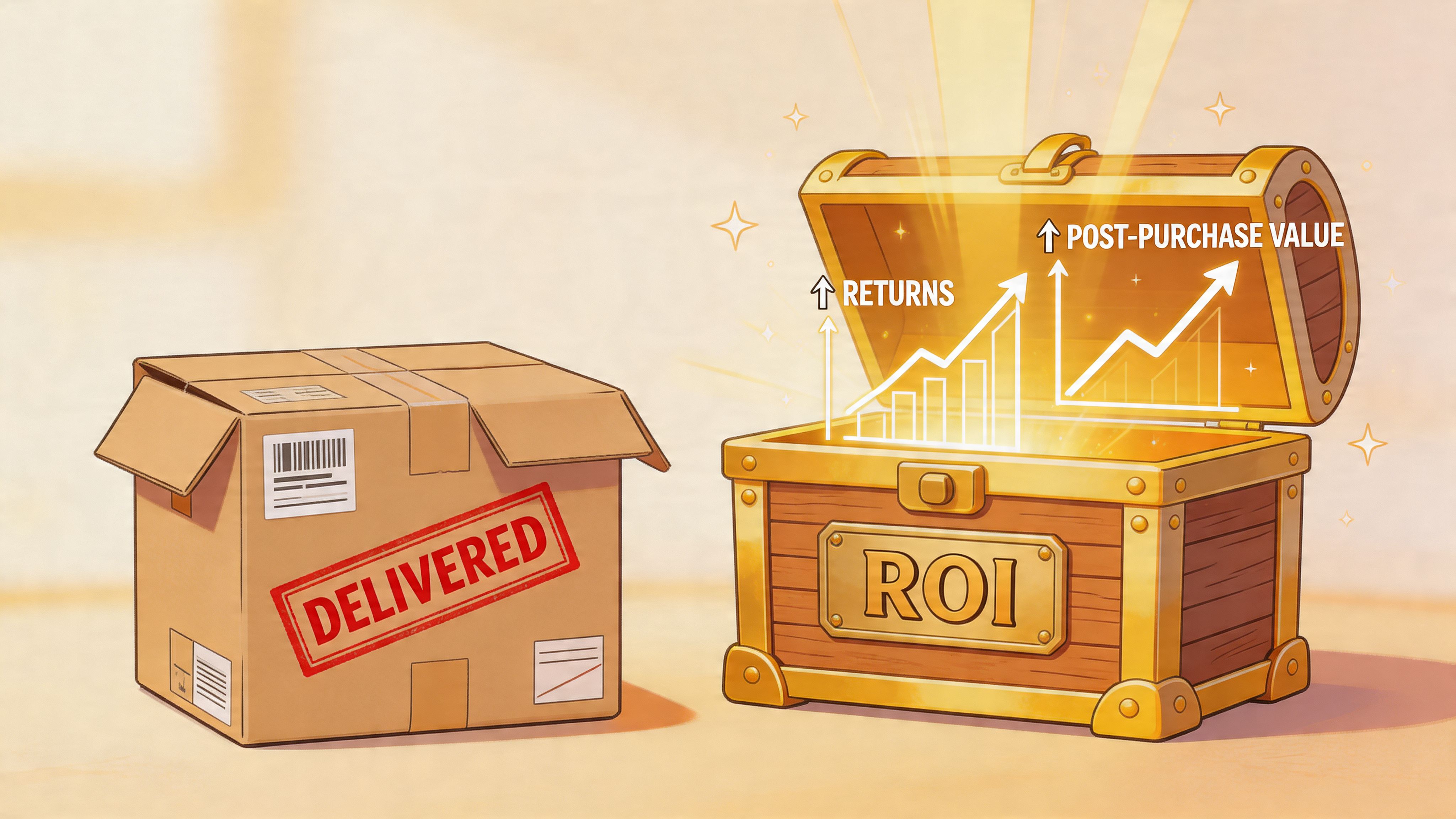 A cardboard box labeled delivered next to a golden treasure chest representing increased ROI, returns, and post-purchase value.