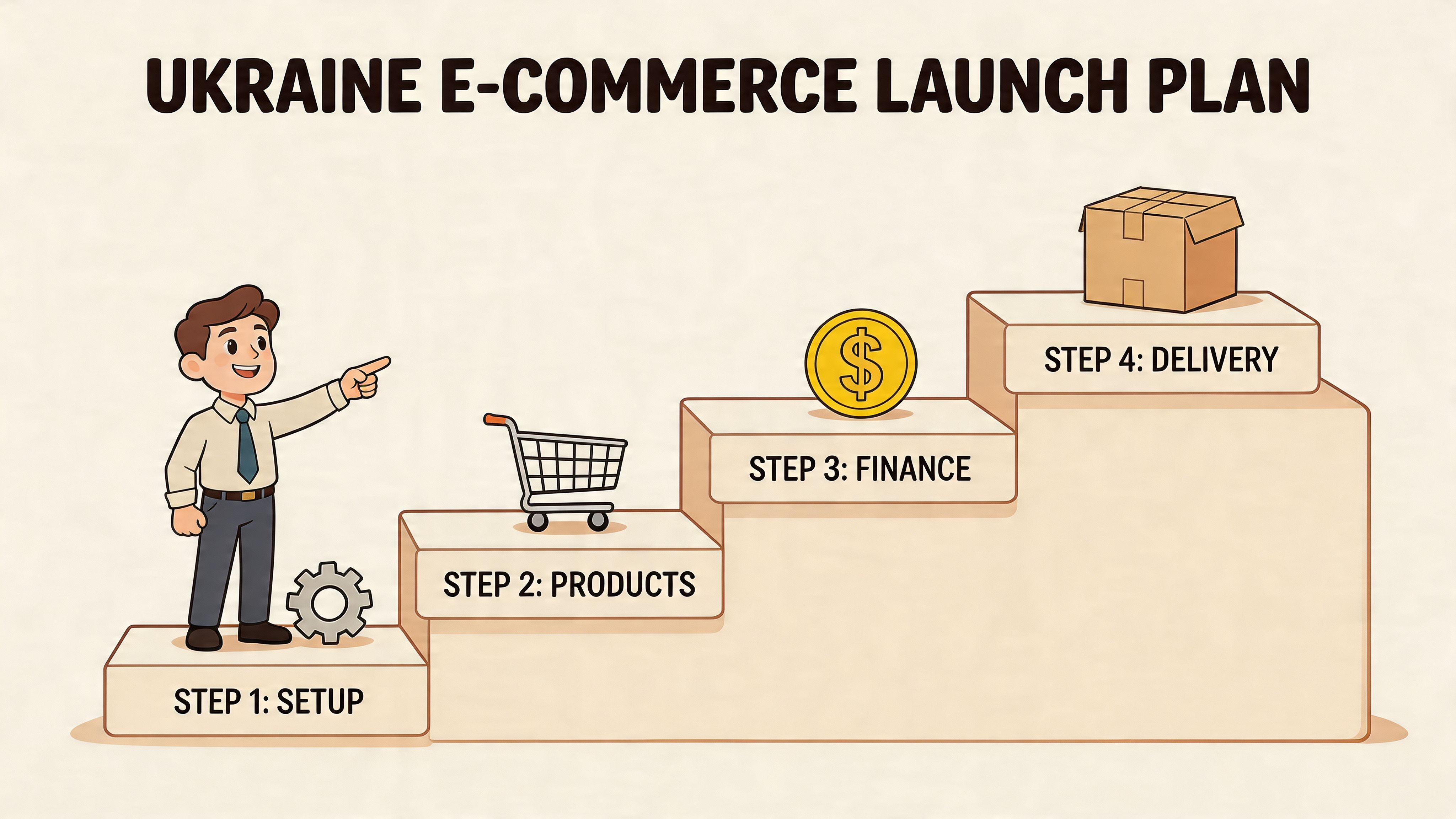 A professional man pointing to a four-step infographic for launching an e-commerce business in Ukraine.