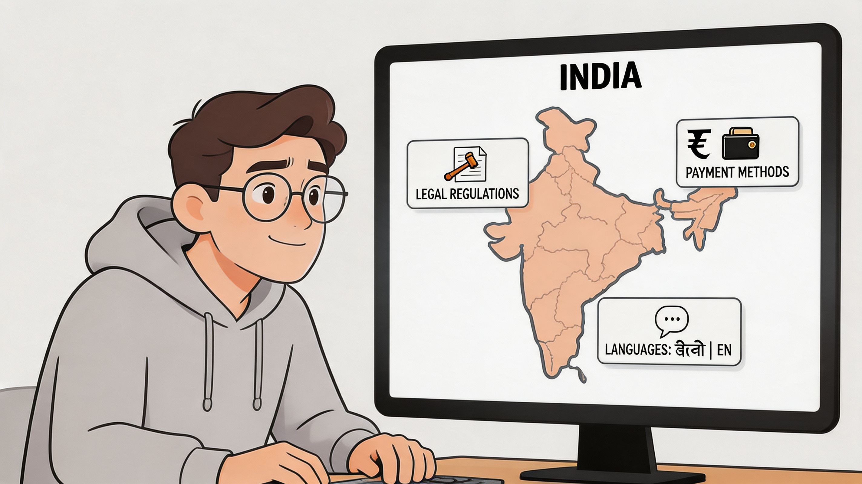 A young person researching e-commerce business requirements and legal regulations for the Indian market on a computer.
