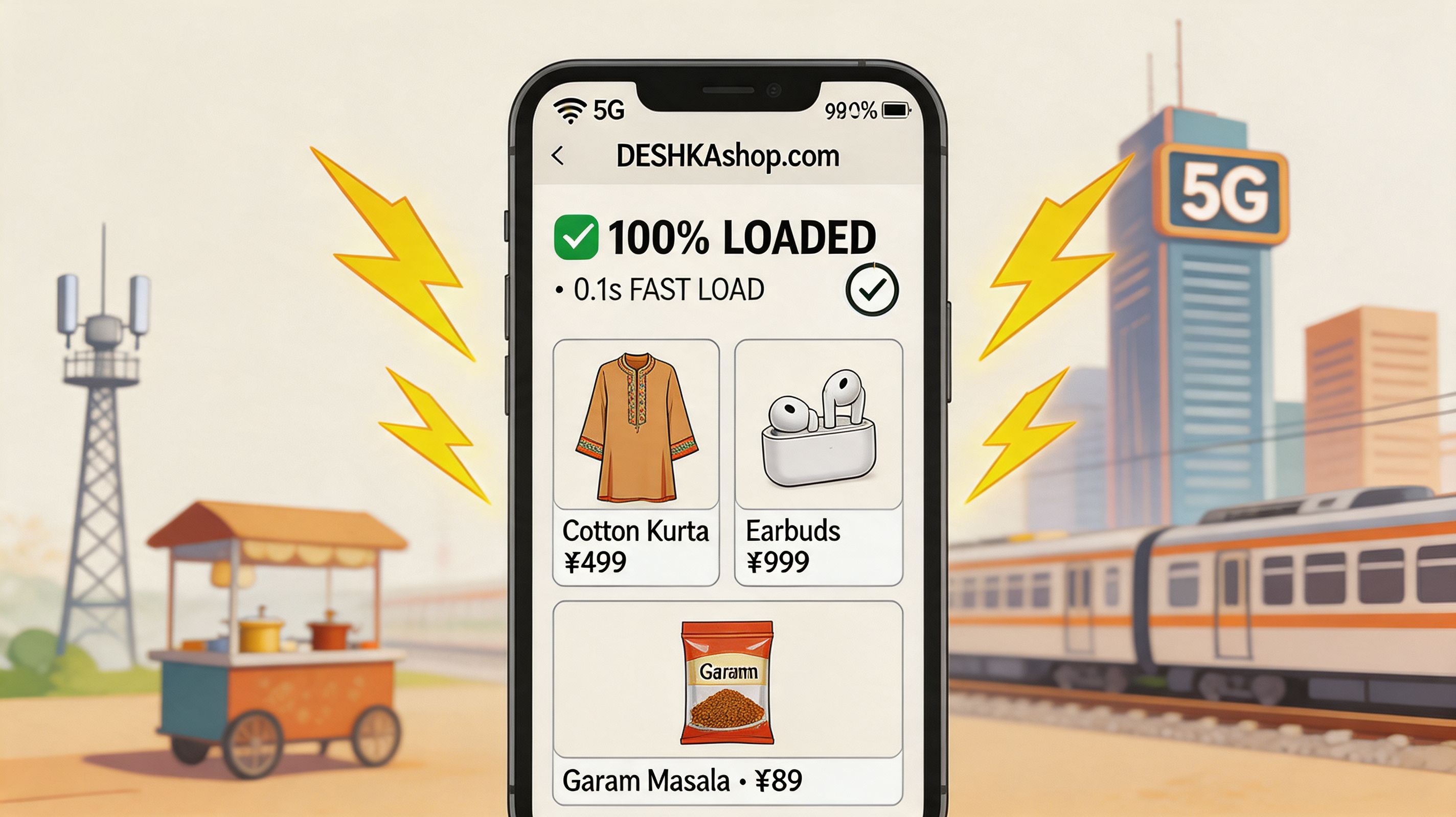 A smartphone display showing a fast-loading e-commerce website with product listings against a 5G network background.