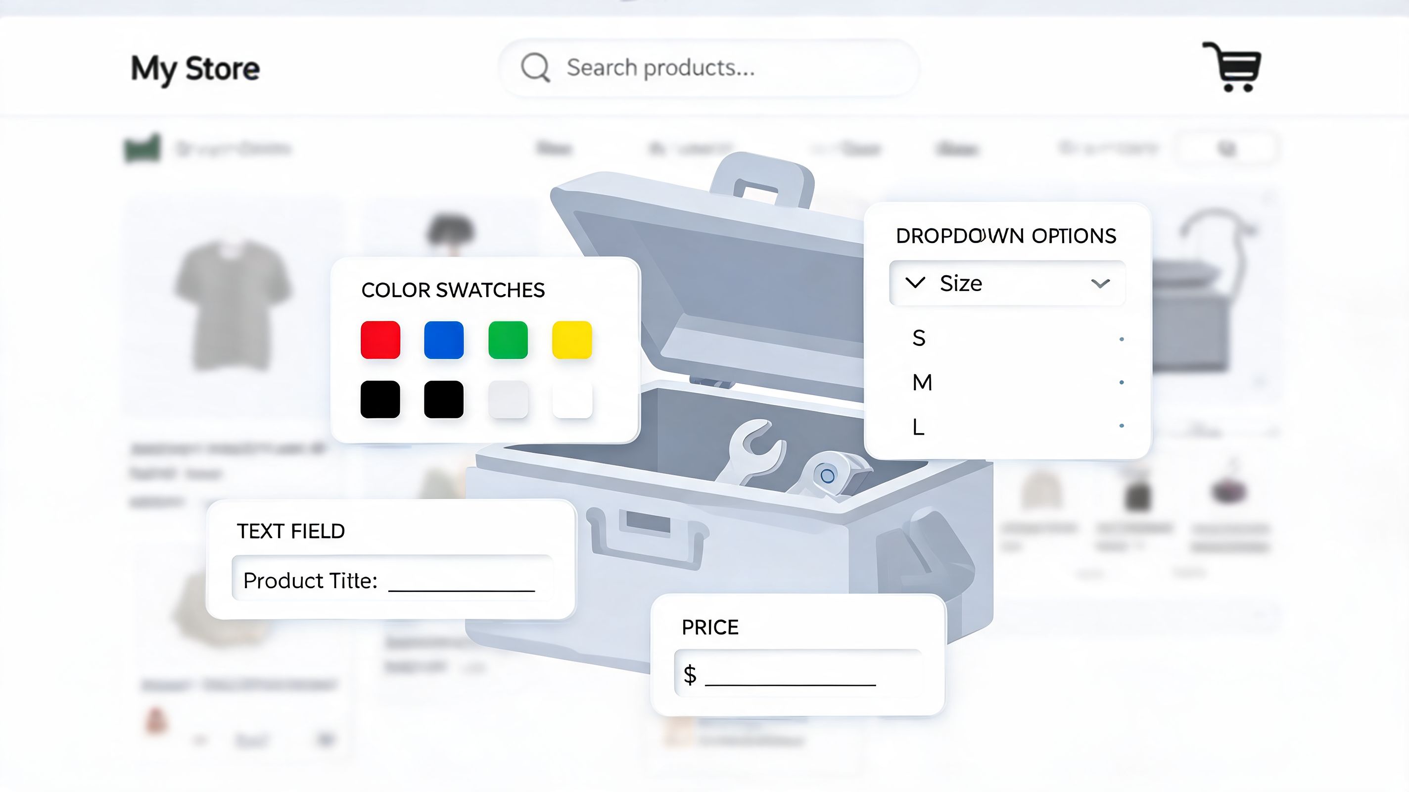 A digital graphic showing various customizable e-commerce UI elements like color swatches, size dropdowns, and text fields.